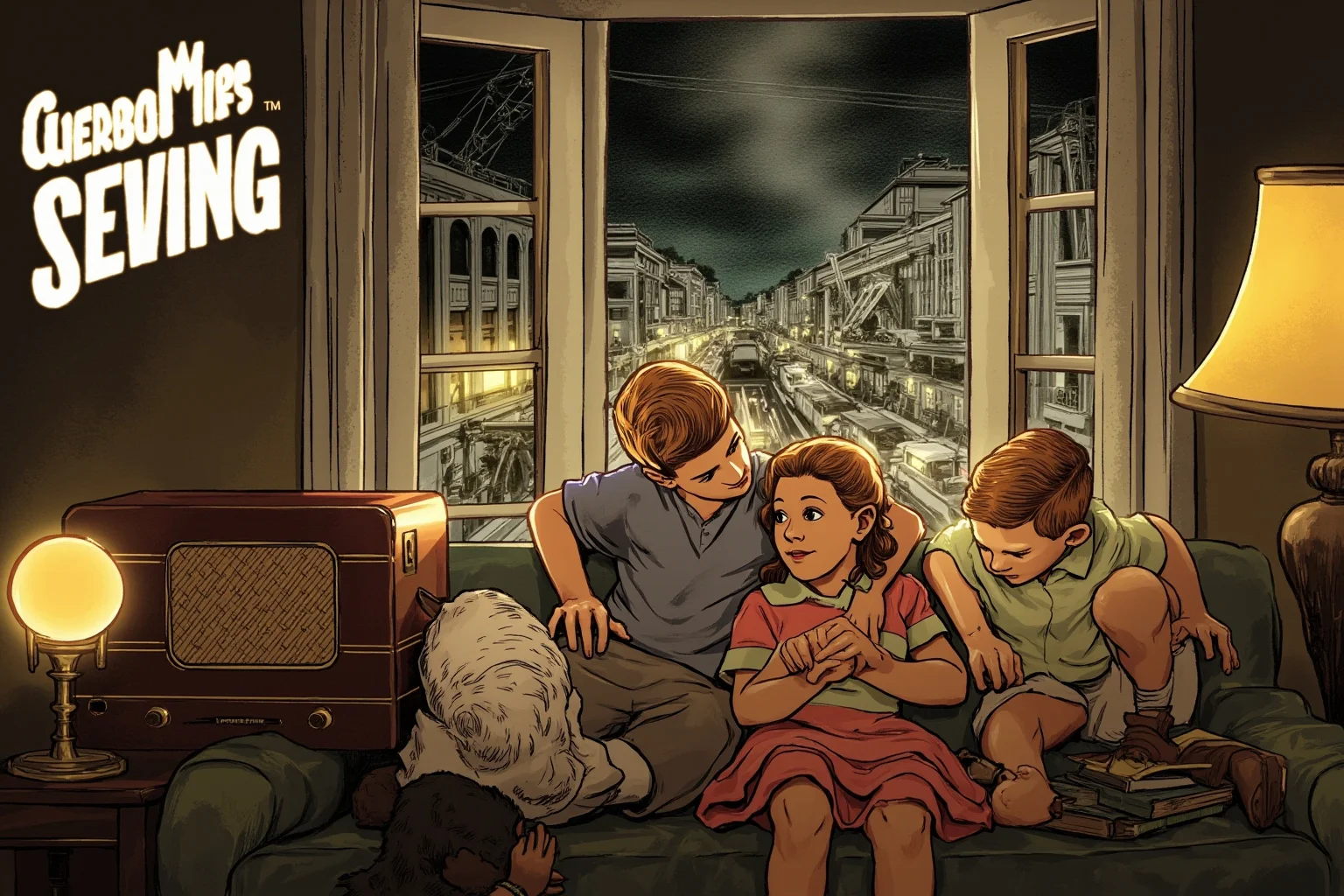 1930s style illustration of a family gathered around a vintage radio in a living room, warm lamplight, public works construction visible through the window