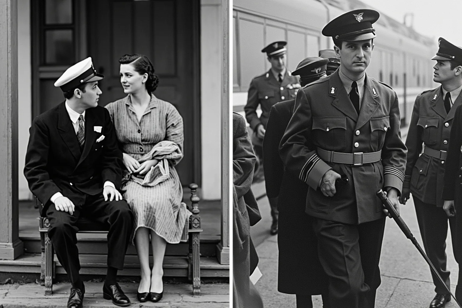 1930s-to-1940s split scene: a Depression-era couple on a porch on one side and a soldier's farewell at a train station on the other