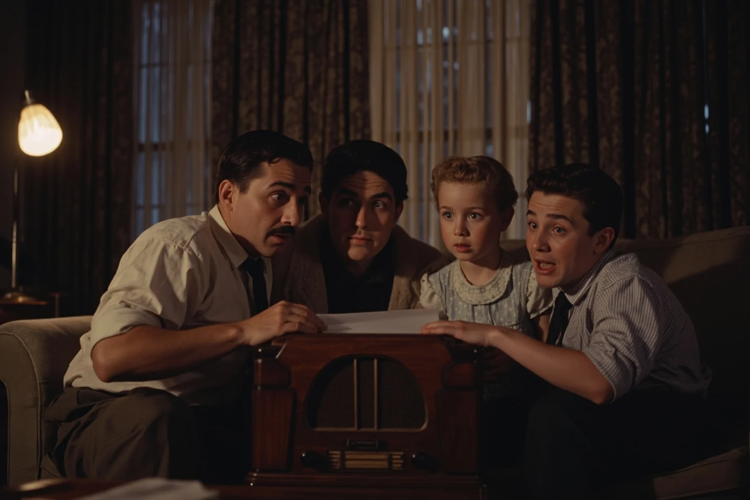 1940s American family gathered around a wooden radio in a living room, blackout curtains drawn, worried expressions, warm lamp light