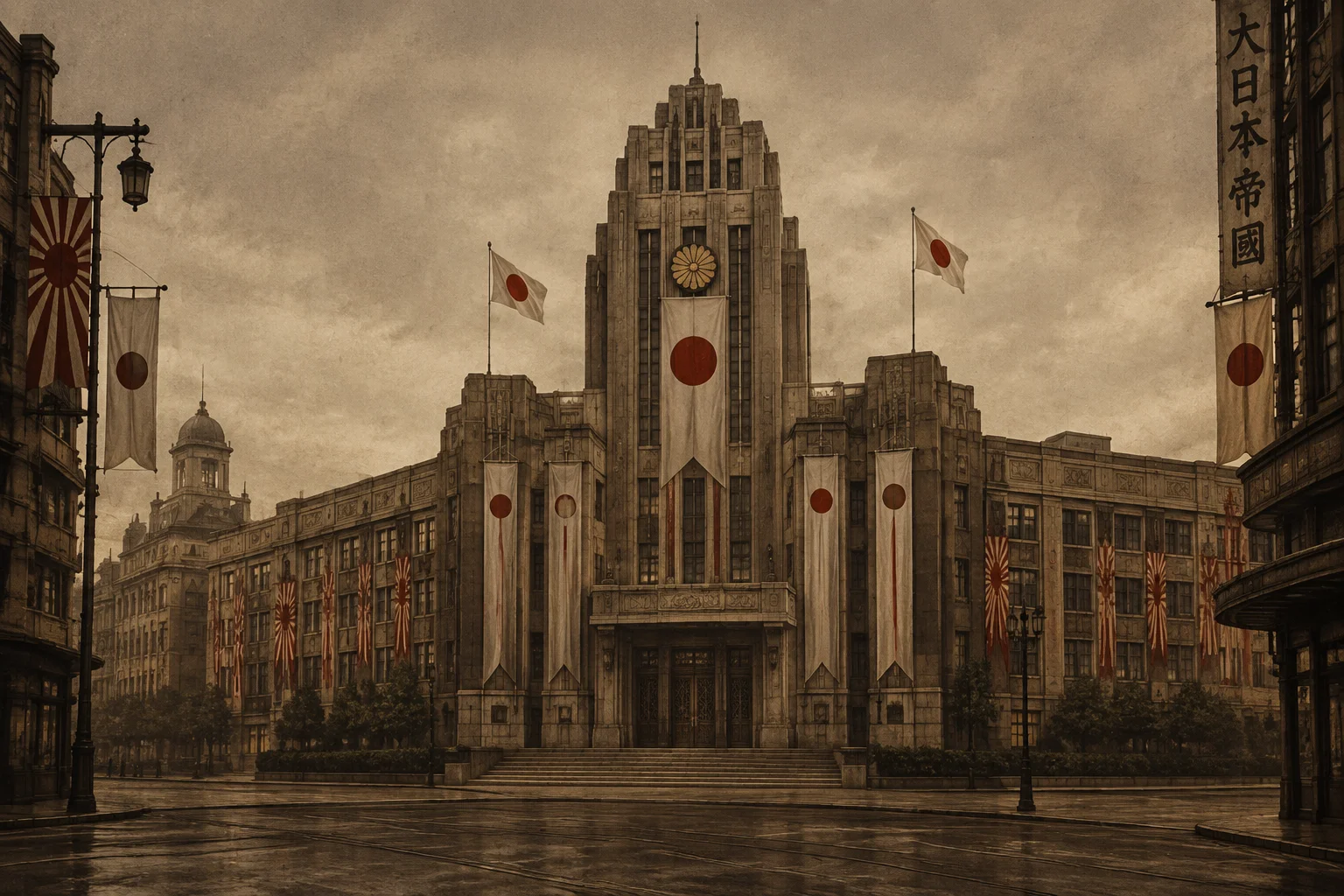 1940s deco government building in an Asian city with a Japanese flag motif, subdued sepia tones, symbolic political atmosphere, no people