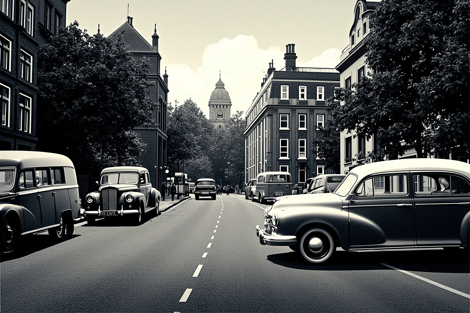 1940s London street during the Blitz with searchlights in the sky and Buckingham Palace silhouetted in the background, vintage illustration style
