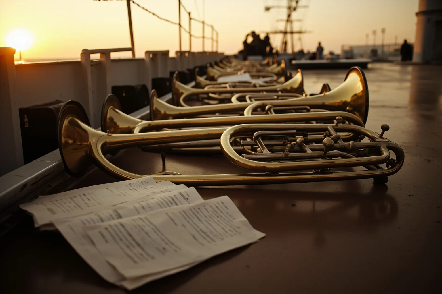 1940s naval band instruments resting on a battleship deck at sunrise, sheet music scattered, soft golden light, no people visible