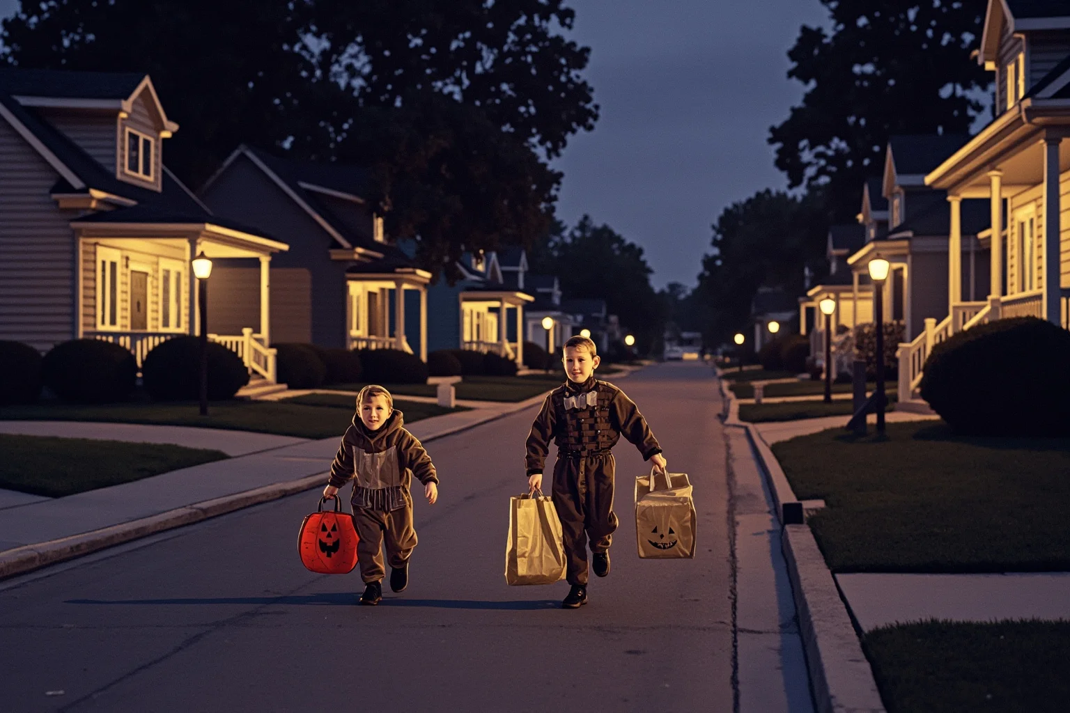 1950s American suburban street at dusk with children in homemade costumes carrying paper treat bags, warm porch lights, nostalgic illustration, no text