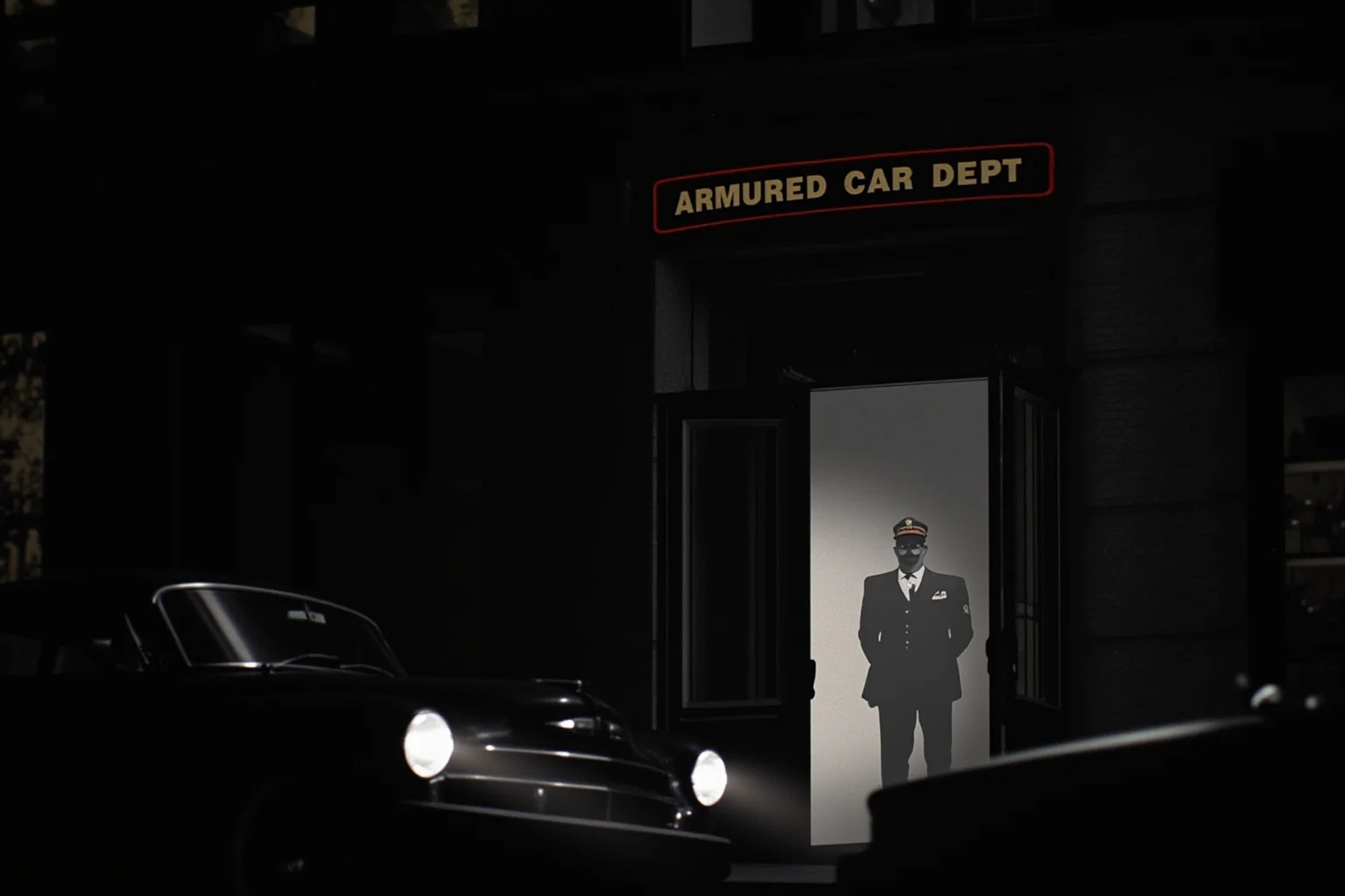 1950s Boston street at night, armoured car depot doorway with a masked figure silhouetted, vintage car headlights, film-noir lighting and heavy rain.