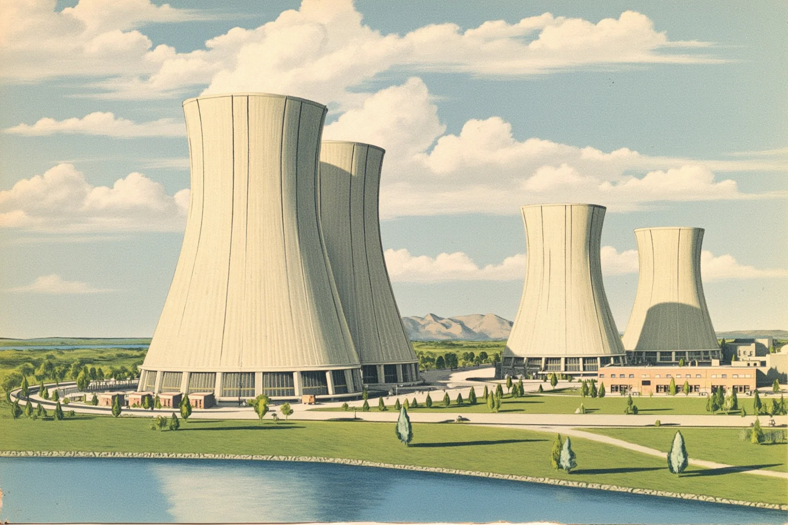 Things Americans Did First Before Any Other Country 21 1950s commercial nuclear power plant with cooling towers beside a river, drawn in clean mid-century industrial style.