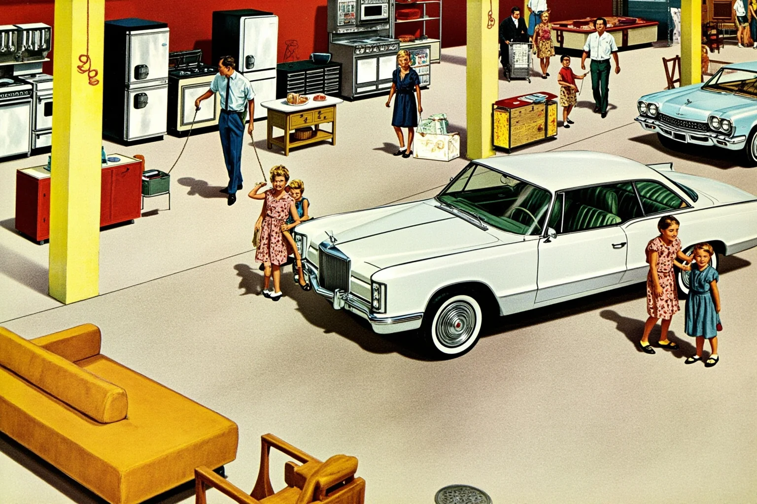 1950s department store scene with families shopping for appliances, cars, and furniture, bright mid-century colors