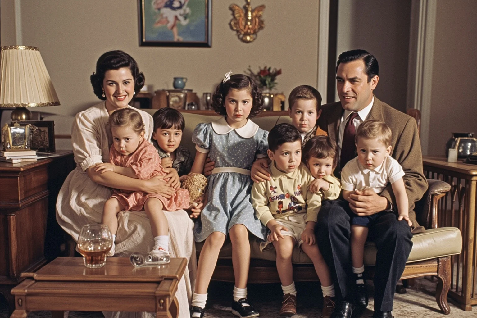 1950s family portrait scene in a living room with several children, mom, and dad, in the style of a vintage magazine ad