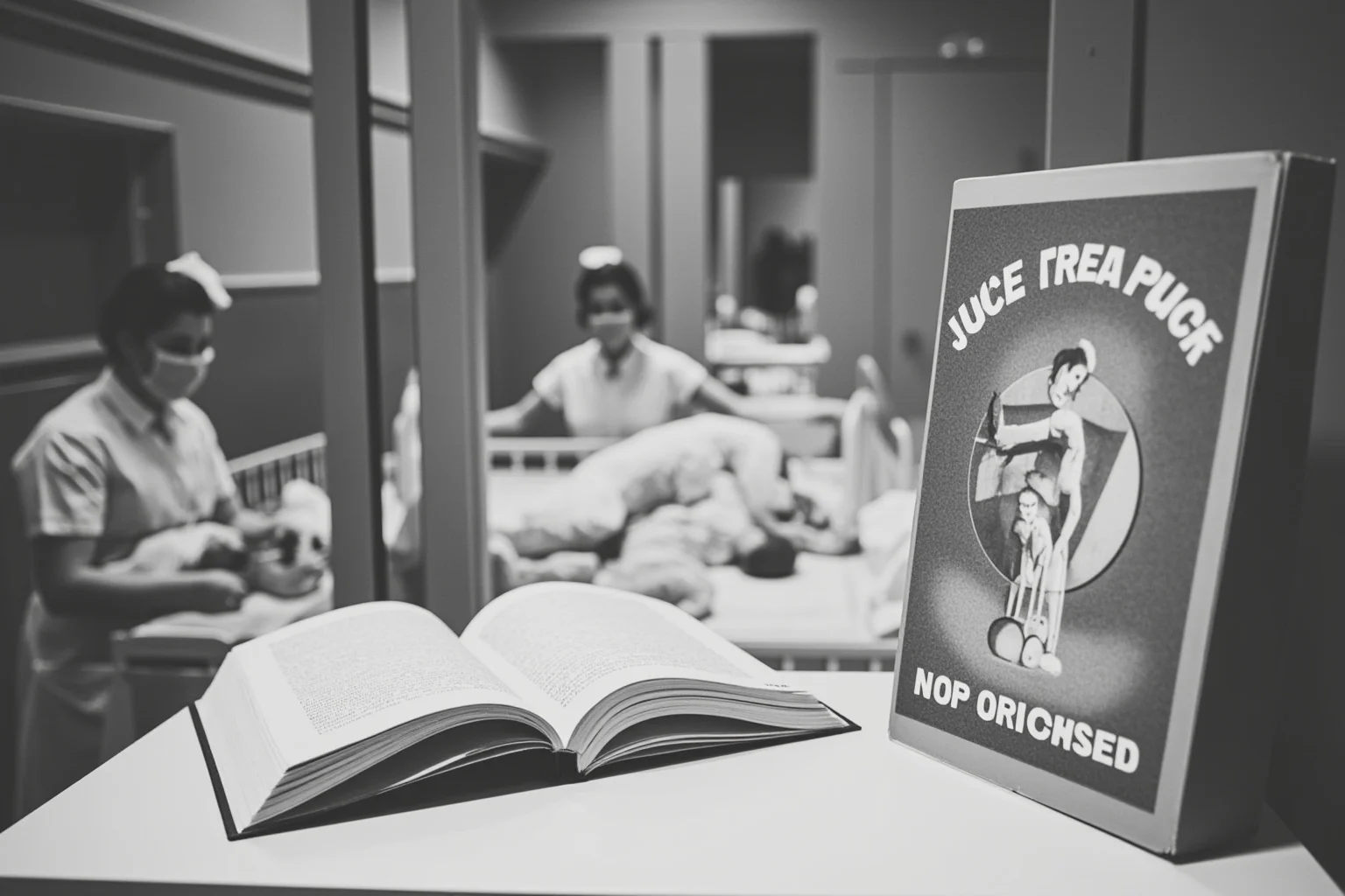 1950s hospital nursery with nurses and newborns behind glass, alongside a parenting book open on a nightstand