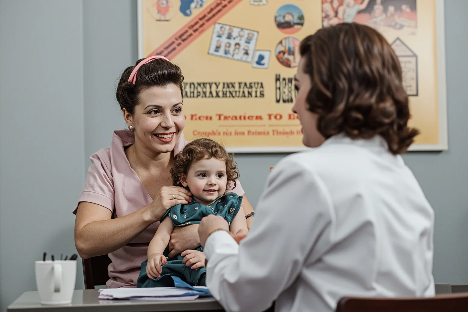 1950s mother and child at a doctor's office receiving a vaccination, with a vintage clinic poster in the background