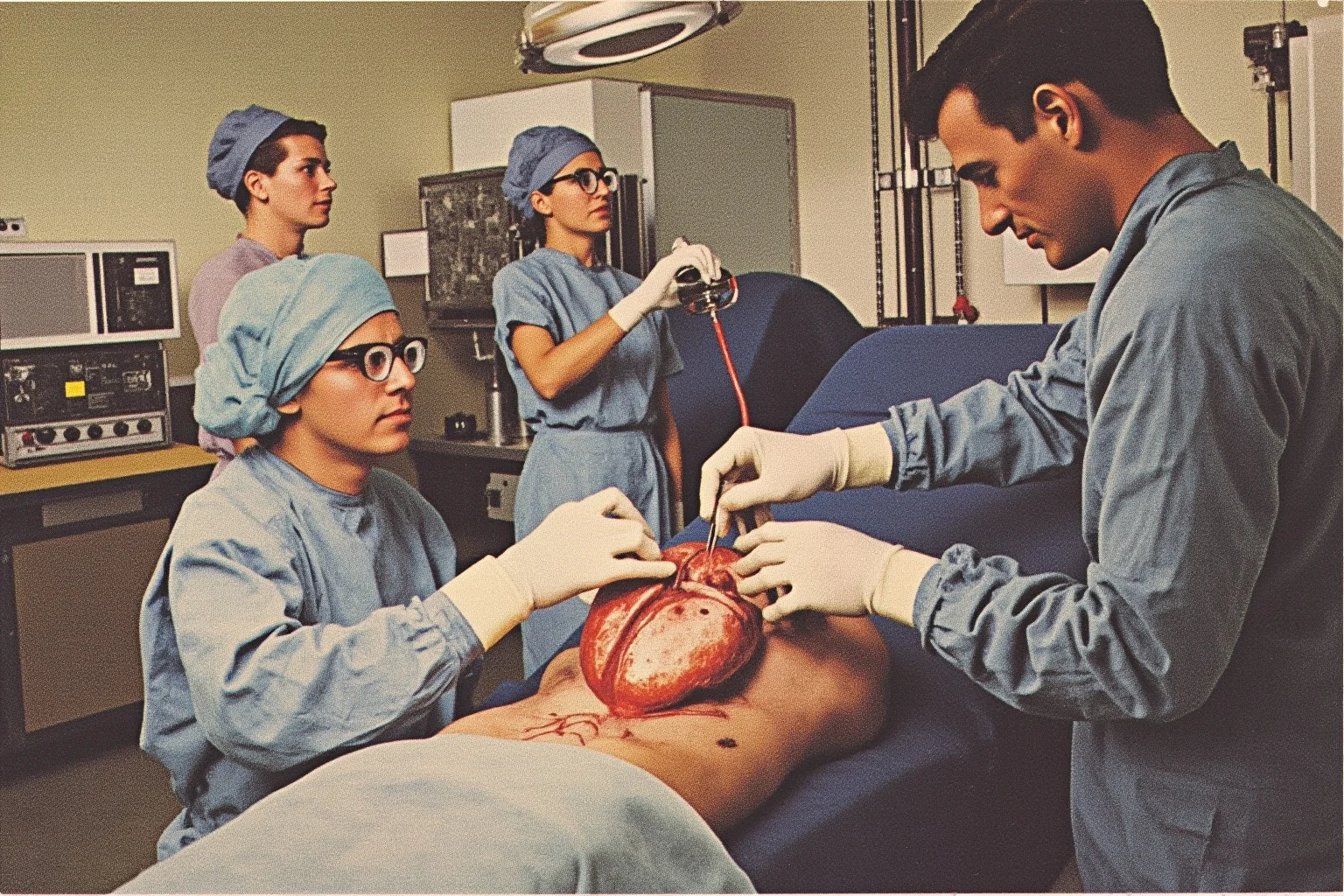 Things Americans Did First Before Any Other Country 19 1950s operating room with a heart-lung machine and surgical team performing open-heart surgery, illustrated in muted colors.