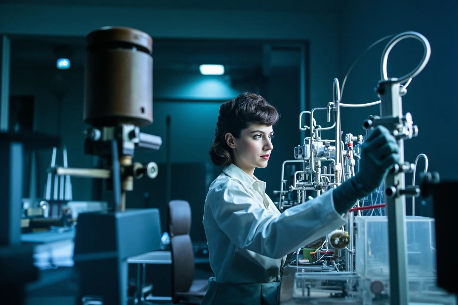 1950s physics laboratory scene with a woman physicist calibrating equipment for an experiment, cold blue and chrome tones