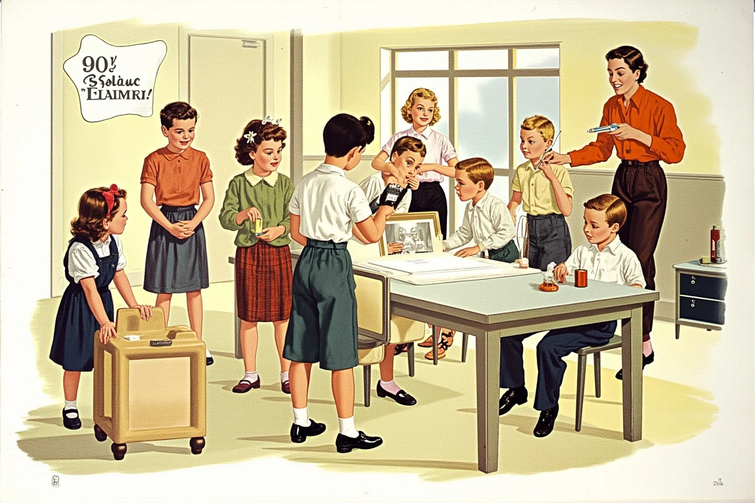 Things Americans Did First Before Any Other Country 15 1950s public health clinic scene showing children receiving a polio vaccine, illustrated in a hopeful mid-century style.