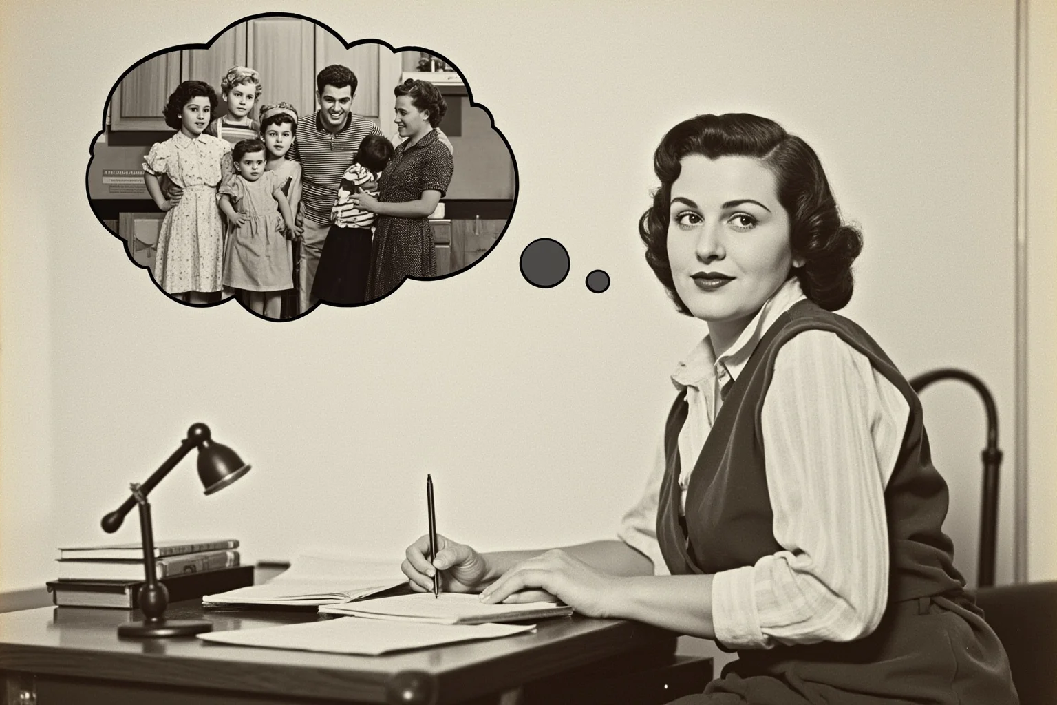 1950s woman working at an office desk while a household scene with children appears in a thought bubble, retro style