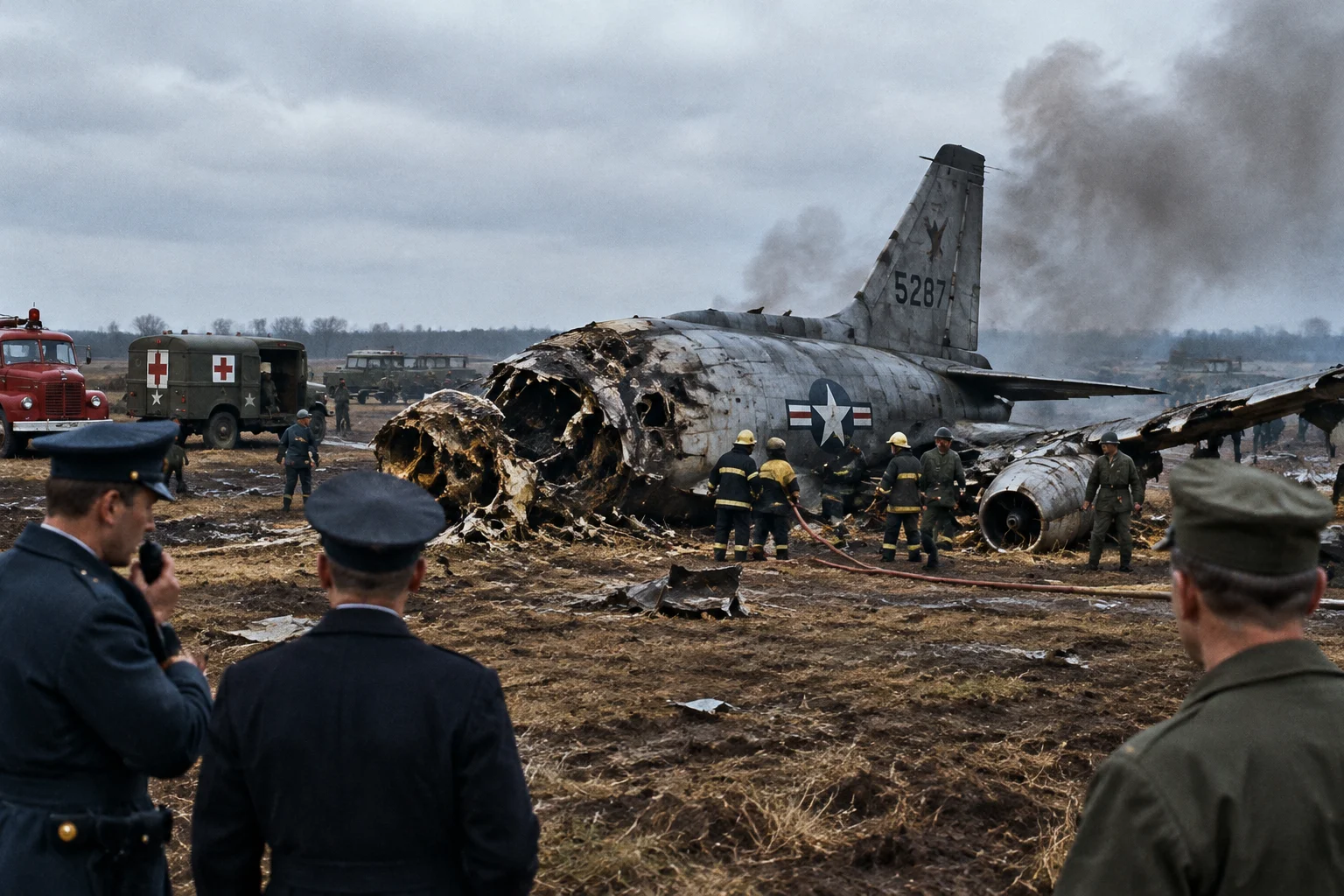 1960s Cold War bomber crash site in a field with emergency responders, tense atmosphere