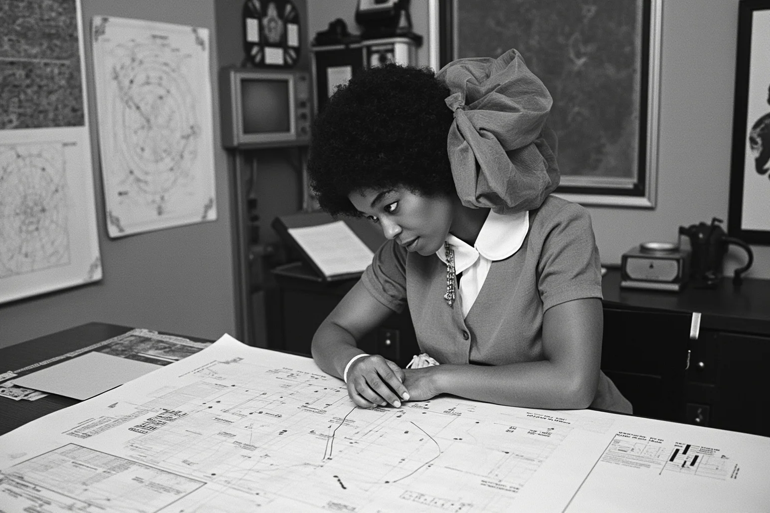 1960s NASA office scene with a Black woman mathematician at a desk covered in orbital trajectory charts