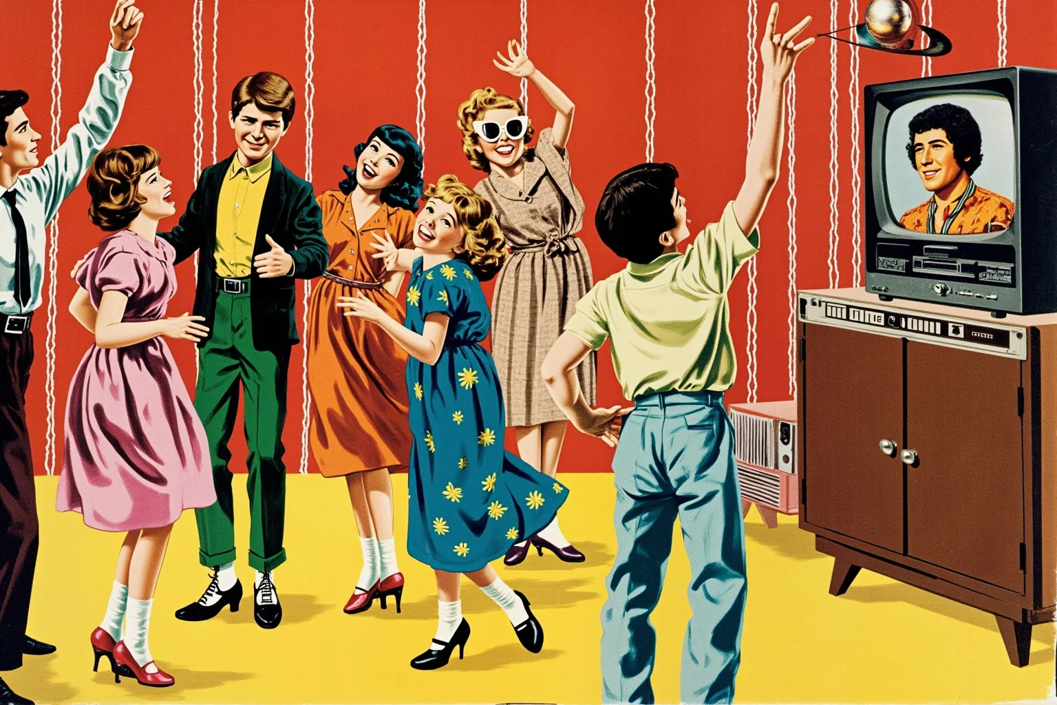 1960s teenagers dancing at a record hop with a record player and a TV showing four mop-top musicians, illustrated style