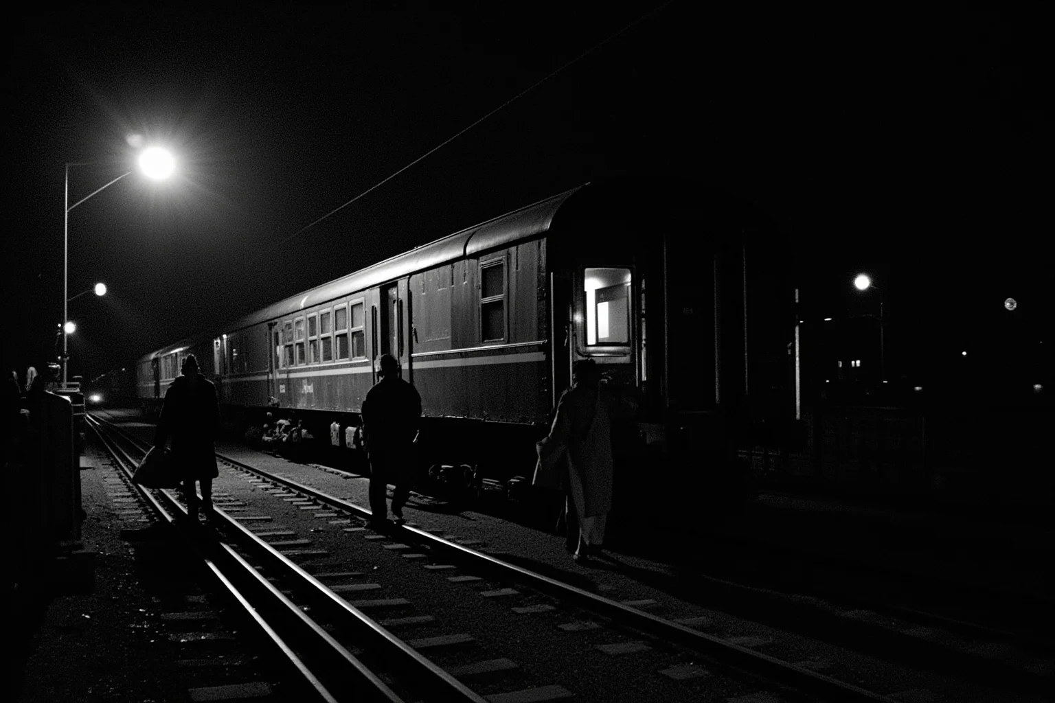 1963 British railway bridge at night, halted mail train carriage with open doors, men in overcoats carrying sacks along the tracks, signal lamp glow.