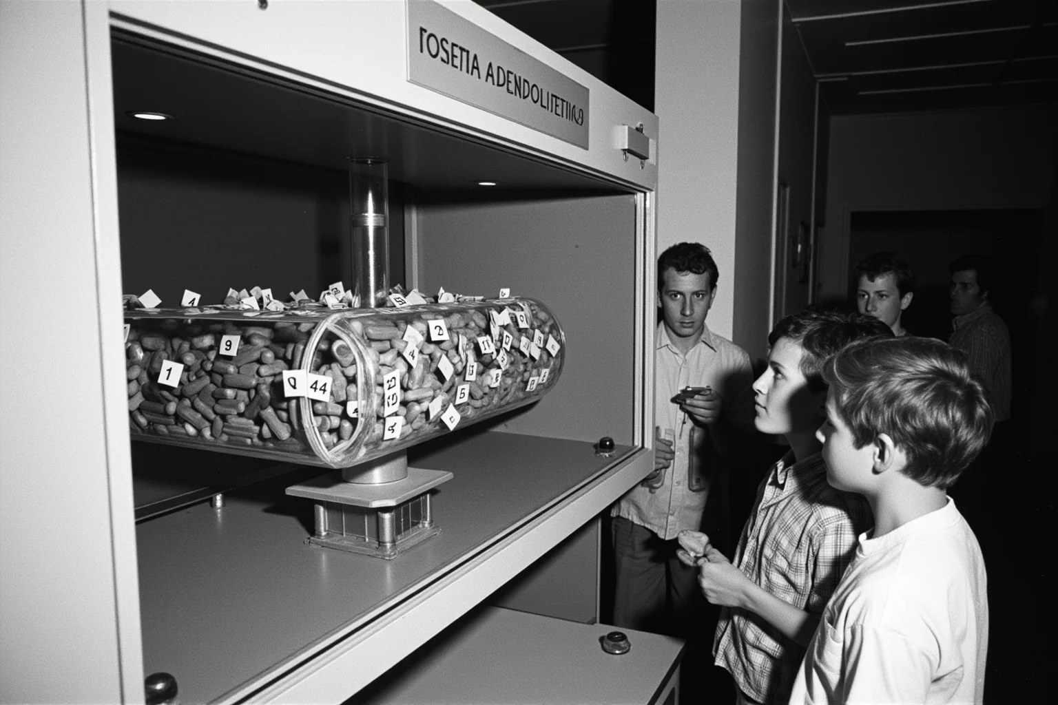 1969-style draft lottery drawing with numbered capsules in a glass drum and young people watching a television