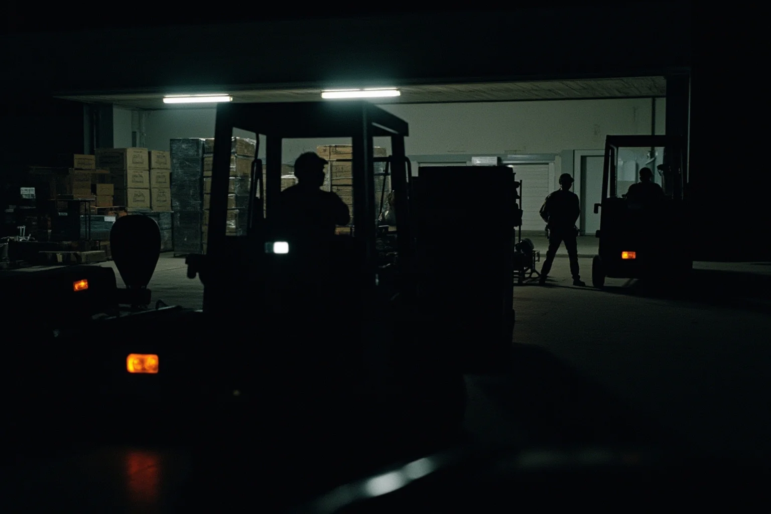 1970s airport cargo terminal at night, forklifts and stacked pallets, armed figures in the shadows, harsh fluorescent lighting, gritty crime-photo mood.