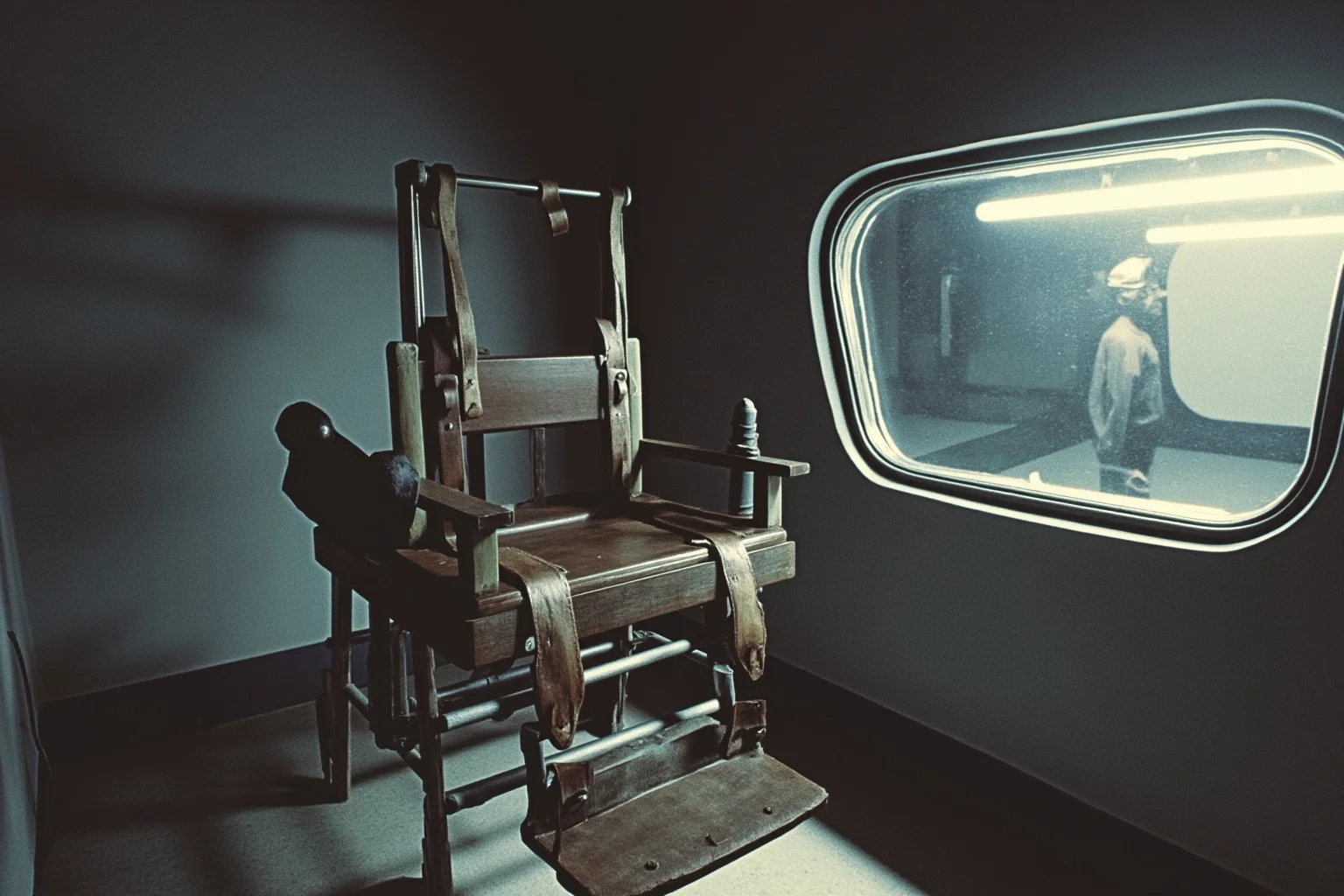 Executions Gone Horribly Wrong: 28 Botched Executions That Shocked History 18 1980s execution chamber illustration, electric chair with leather straps and a metal cap, observation window, cold fluorescent light, no figures.