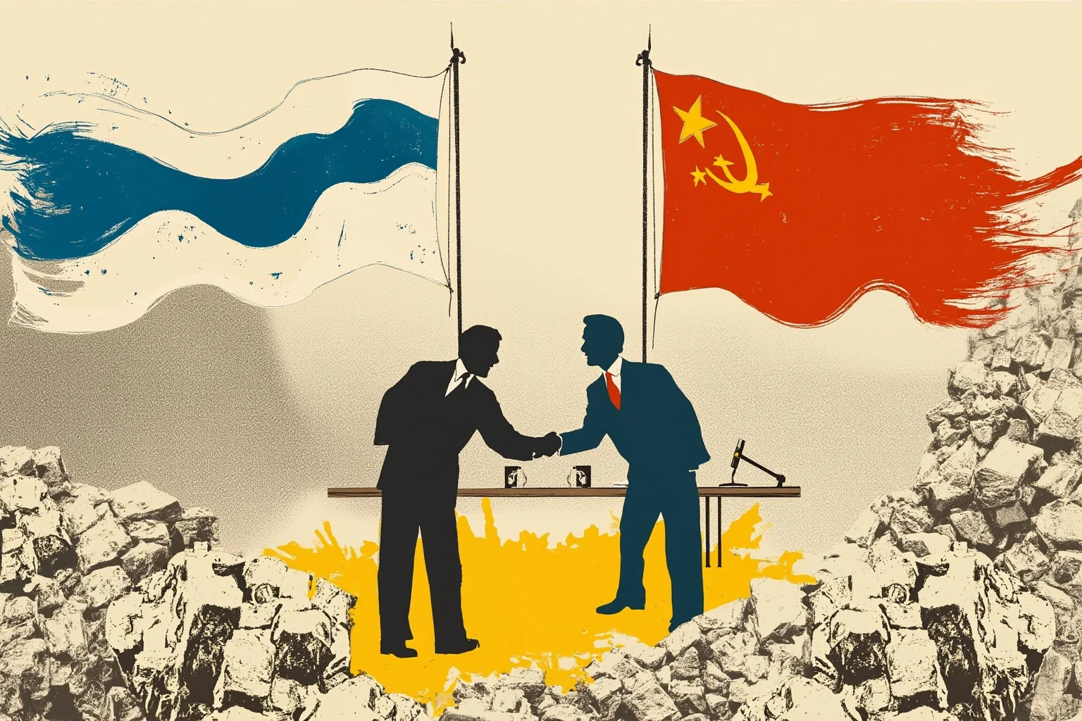 1980s style illustration of two flags and a symbolic handshake over a negotiating table, a crumbling stone wall in the soft-focus background