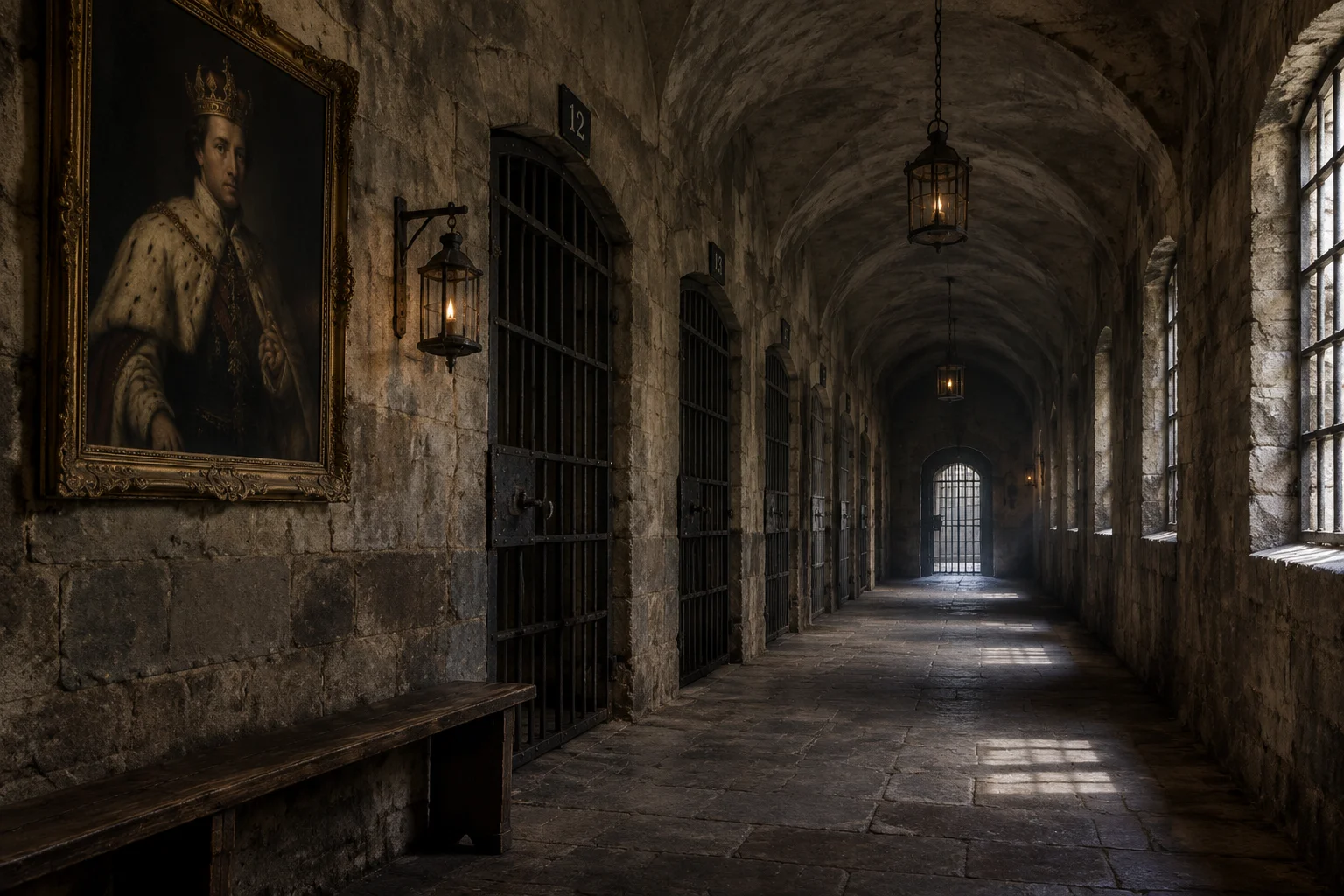 19th-century French prison corridor with an old royal portrait on the wall, muted colors, historical atmosphere