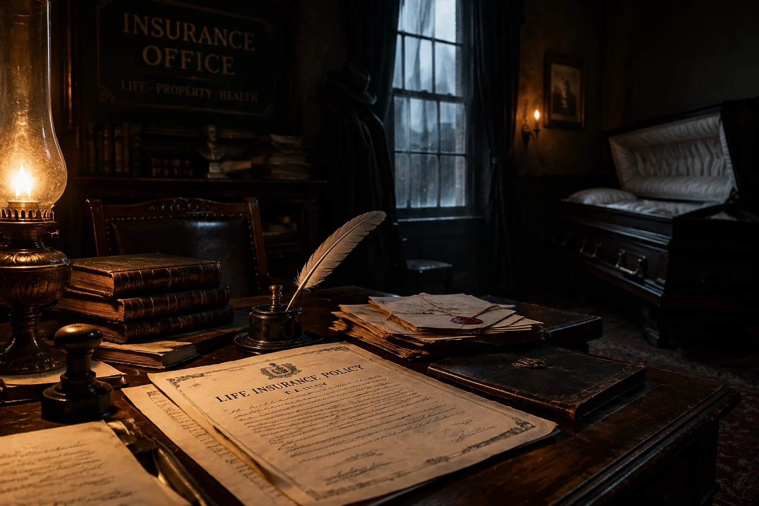 19th-century insurance office desk with forged papers, quill pen, and empty coffin in the shadow, moody historical scene