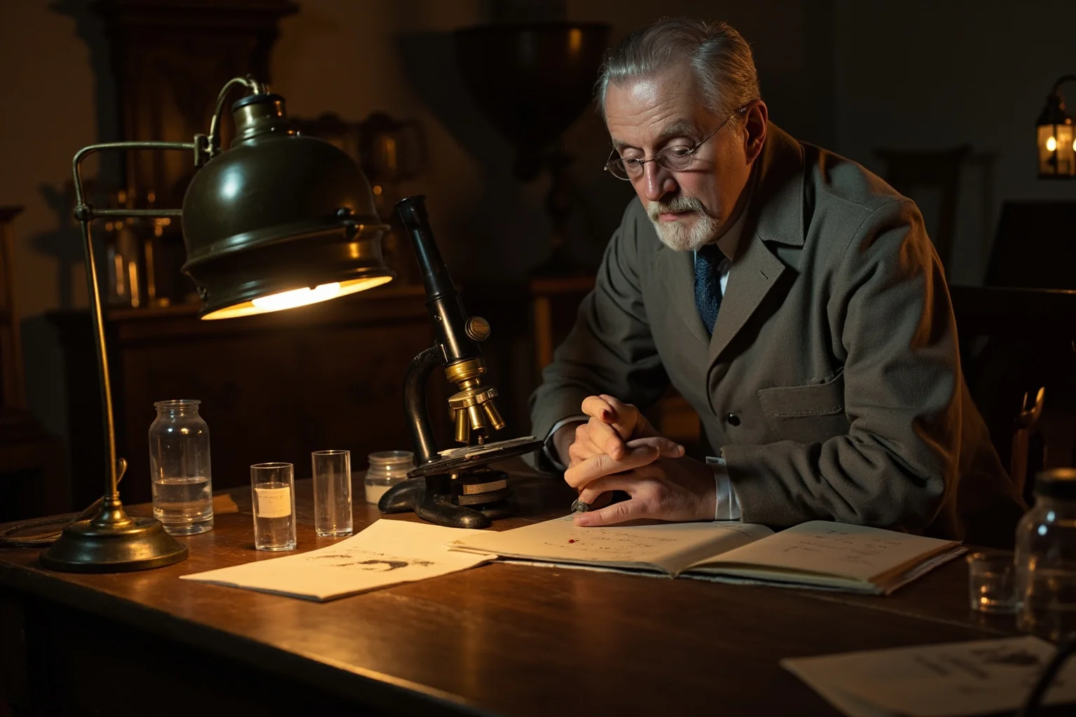 19th-century laboratory with a microscope and glass slides, a scientist in period clothing studying tuberculosis samples, warm lamp light