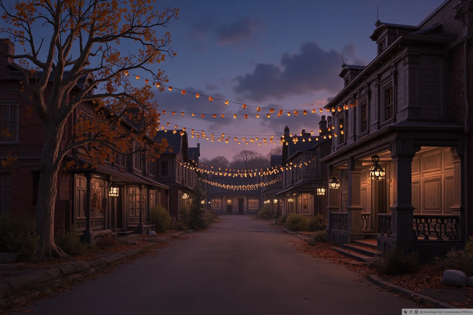 19th century rural village with fading autumn festival decorations, empty street at dusk, nostalgic historical illustration, no text