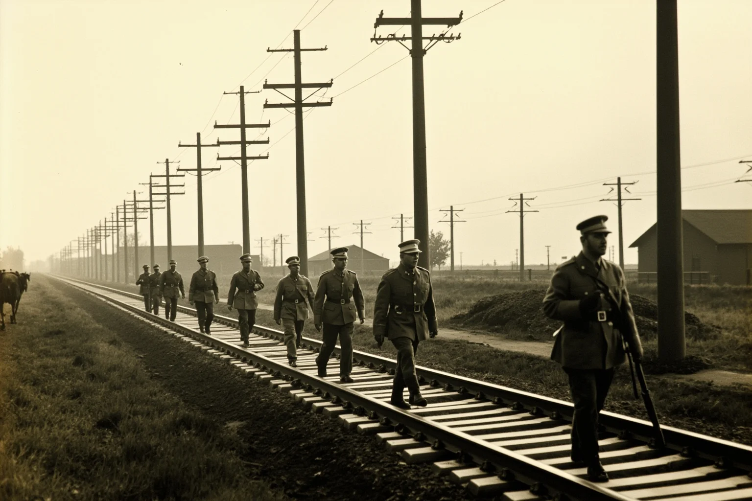 19th-century soldiers marching along a railway line with telegraph poles, industrial landscape, muted tones