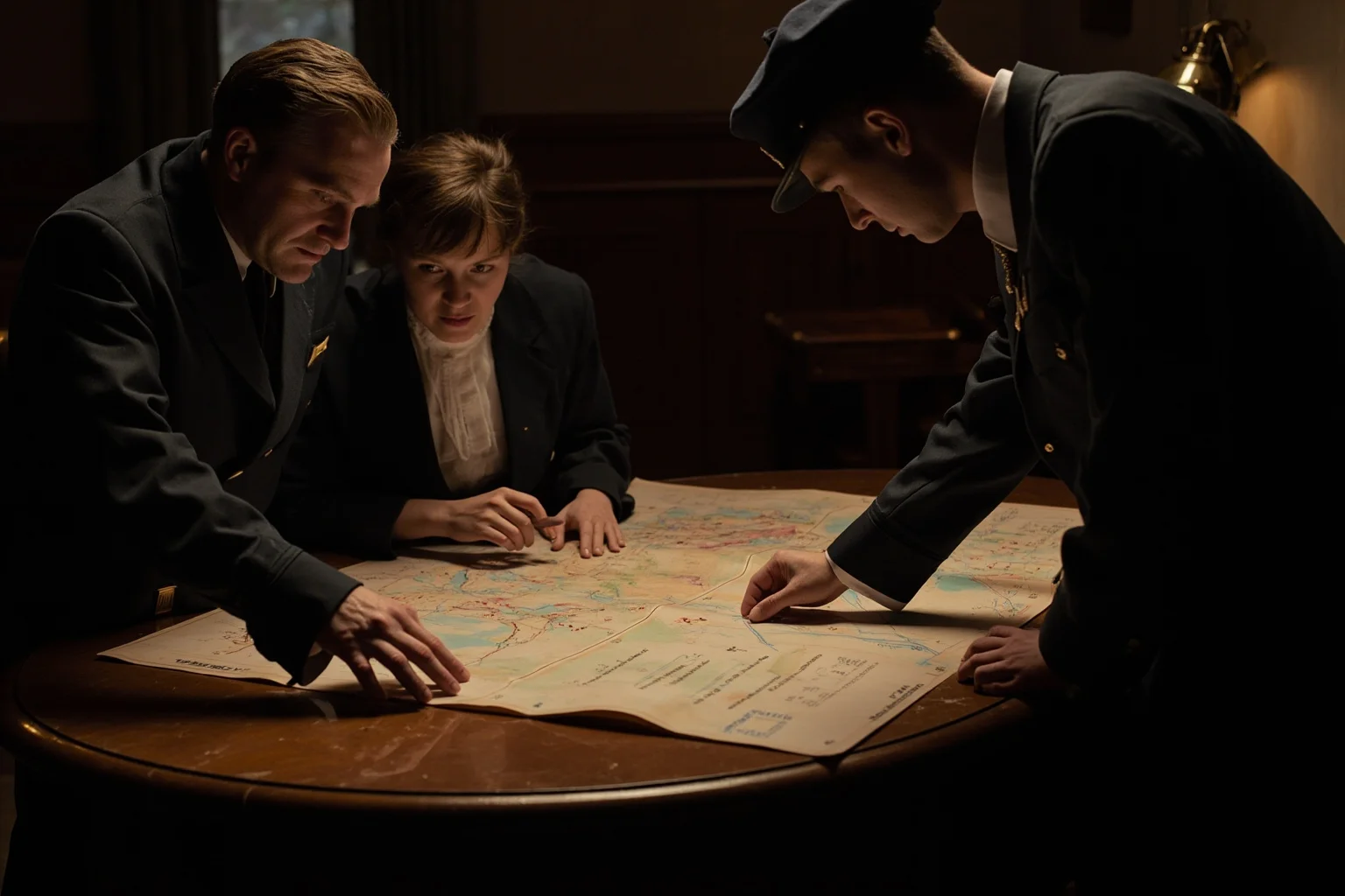 19th-century staff officers studying maps around a table with railway timetables, dim lamplight, historical interior