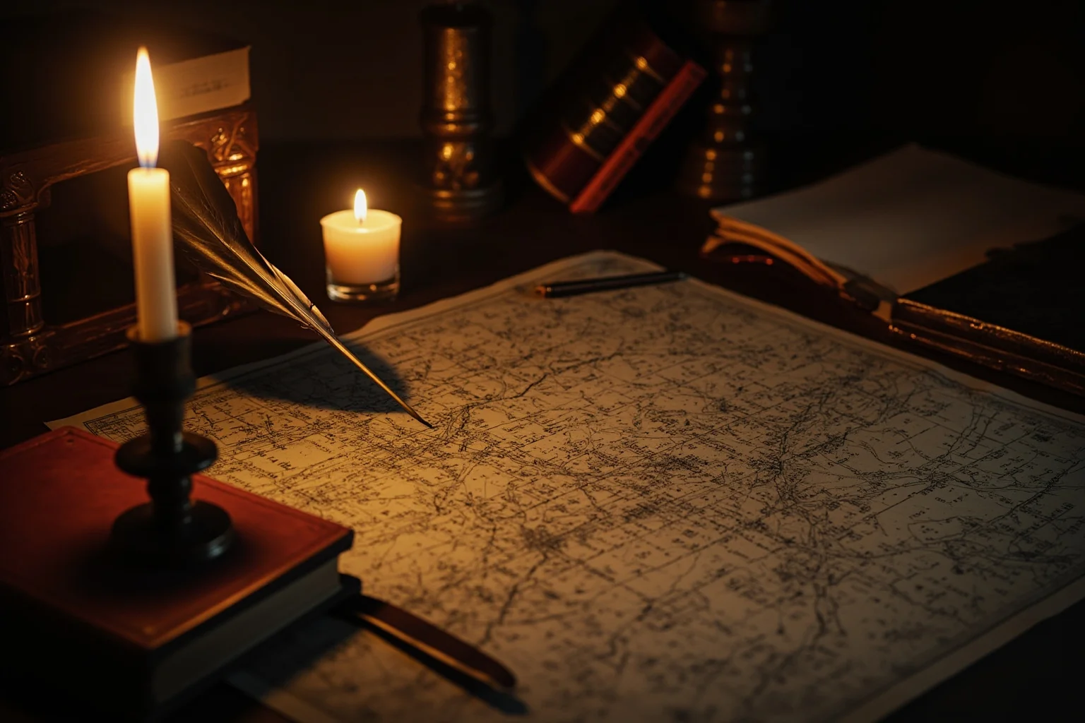19th-century study with military maps, books, and quill pen, candlelight, no people, scholarly atmosphere