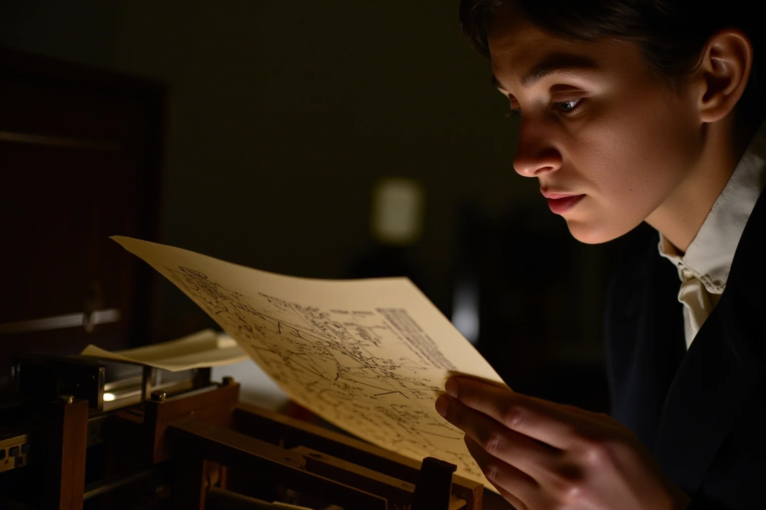 19th-century woman mathematician studying detailed technical diagrams of a mechanical calculating engine by lamplight
