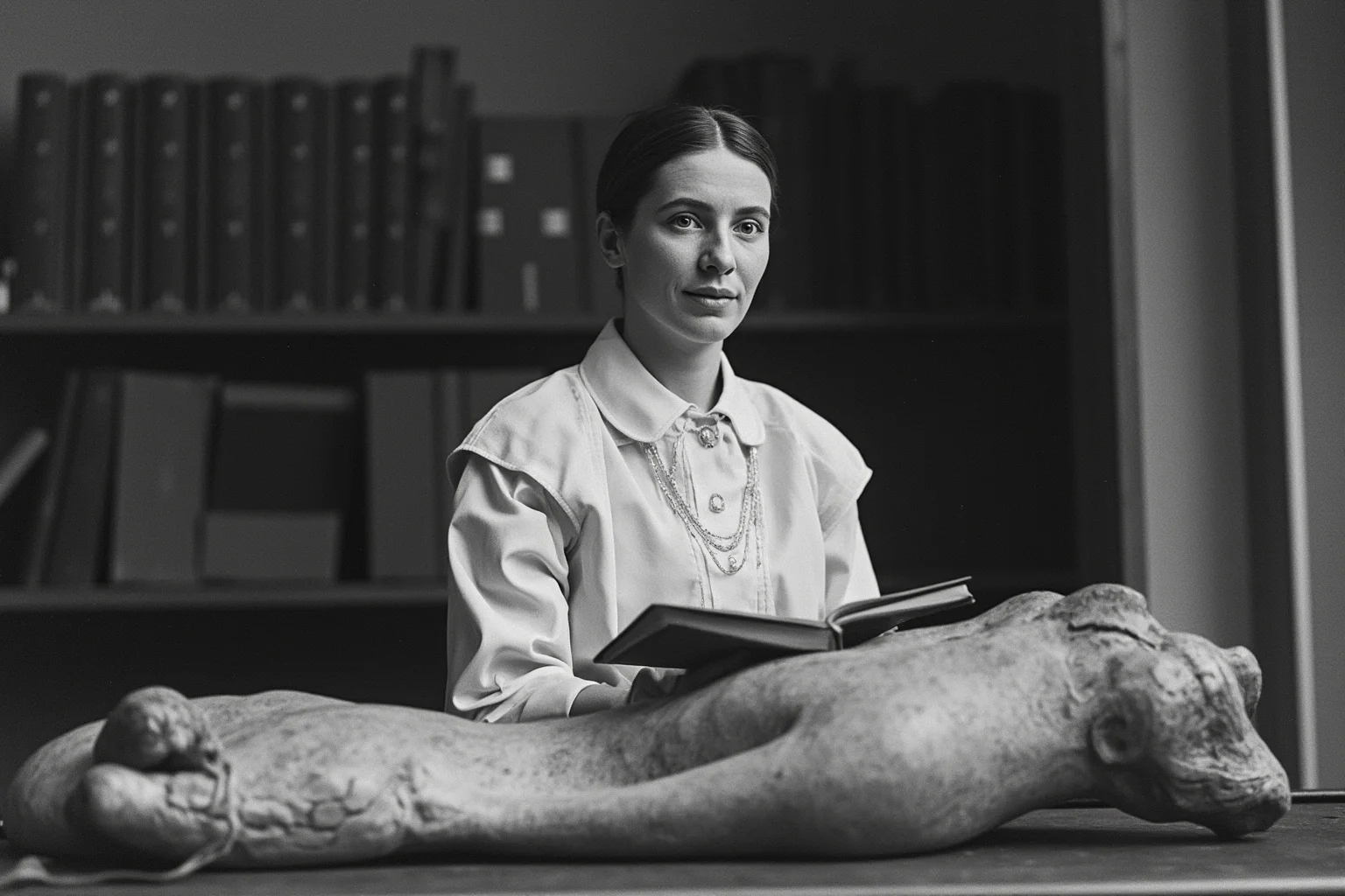 19th-century woman medical student in a lecture hall in Zurich, textbooks and cadavers behind a glass screen
