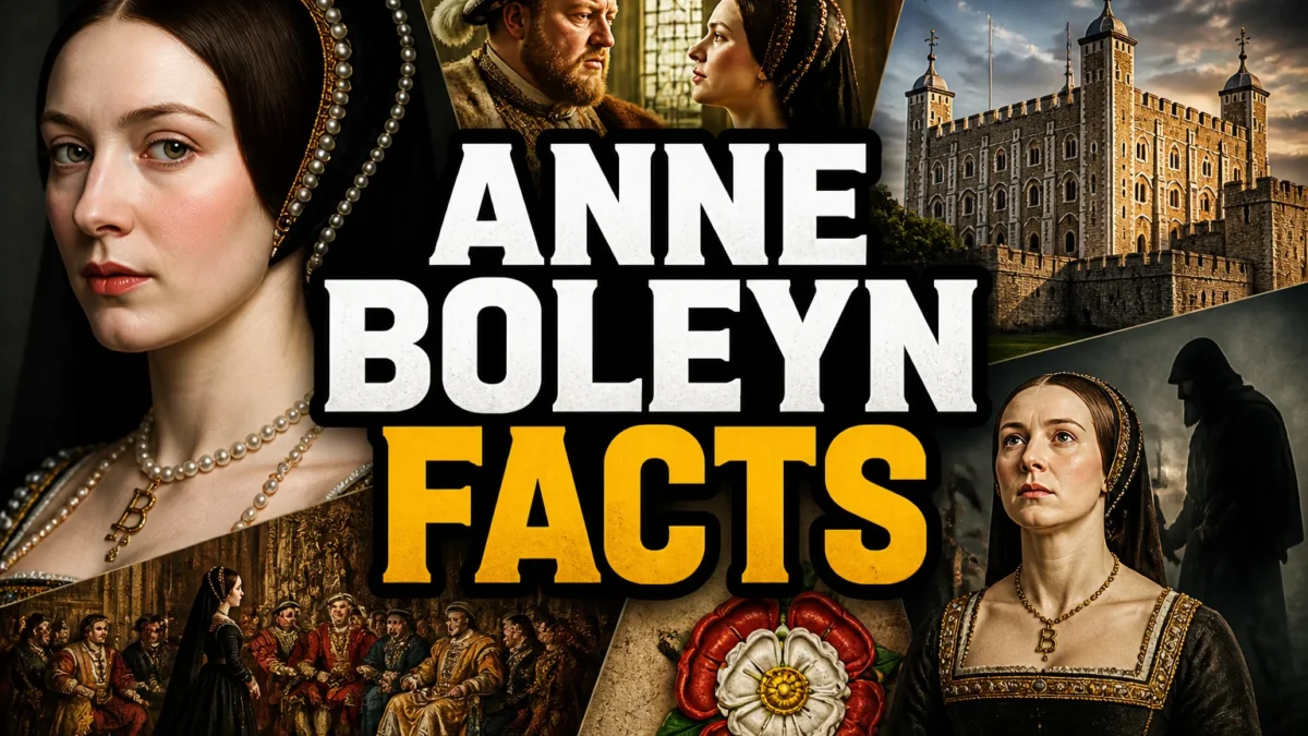 A bold, high-impact blog featured image in the style of a professional YouTube thumbnail or documentary poster. Create a dramatic photo-collage montage of 3-5 distinct historical scenes, subjects, or artifacts directly relevant to "20 Facts About Anne Boleyn: Myths, History and Real Life" — vivid, cinematic documentary-photography style, rich color grading, high contrast, dynamic diagonal composition blending the scenes together. Overlay a large, bold, stacked headline of text on top reading exactly: "ANNE BOLEYN FACTS". Render the headline in a heavy, condensed, high-contrast font with a black outline/stroke for legibility, mixing white text with a single vibrant accent color (gold, red, or orange) on the most important word or phrase for emphasis, spelled correctly. The headline text must be the dominant visual element — large, bold, and easy to read even at small thumbnail size. Vibrant, punchy, professional commercial photography and graphic-design composition. 16:9 landscape. Keep the headline text within the vertical center safe zone, away from the very top and bottom edges of the frame, since the image may be cropped afterward. No watermarks, no logos, no extra captions or invented text beyond the headline itself.