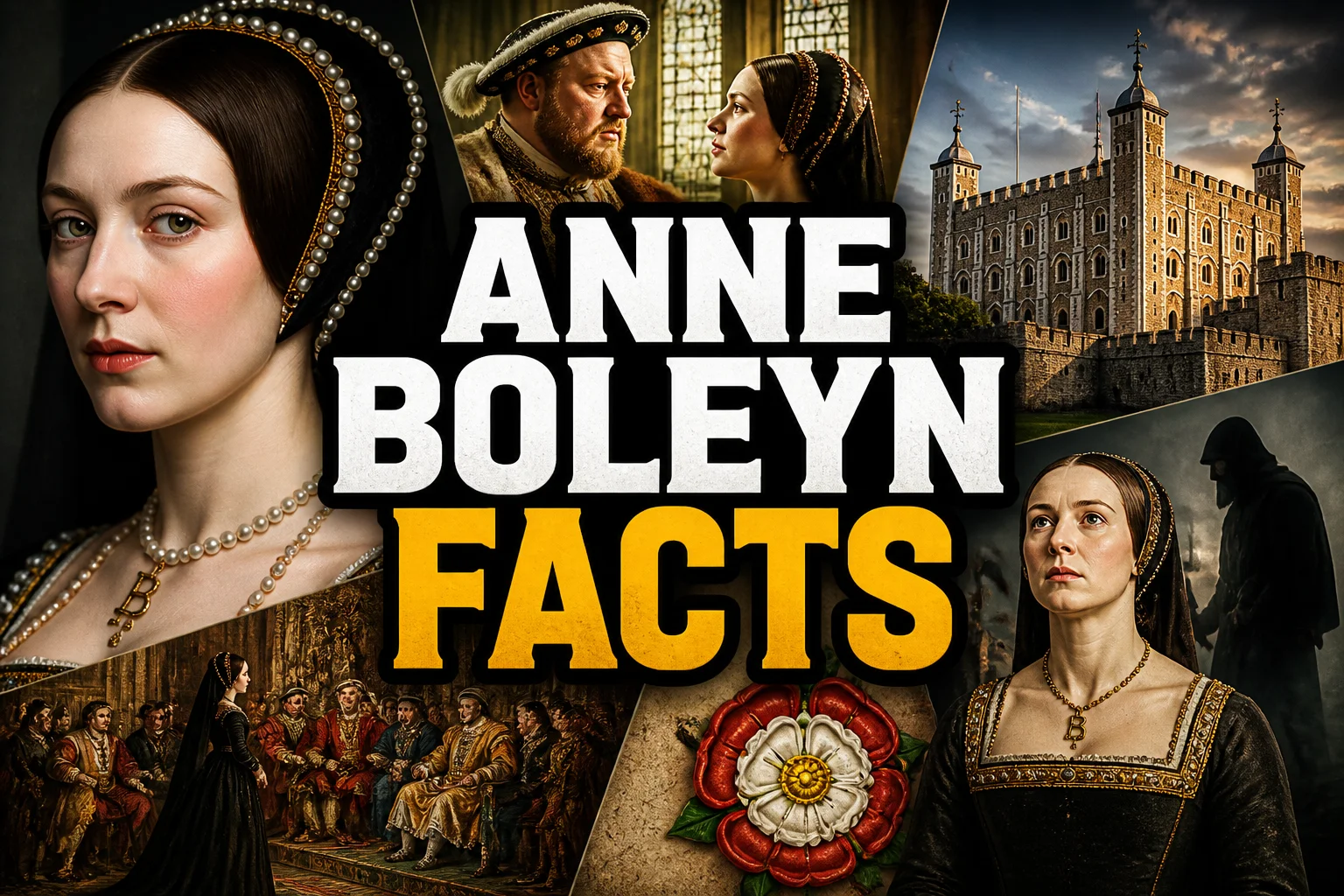 20 Facts About Anne Boleyn: Myths, History and Real Life 2 A bold, high-impact blog featured image in the style of a professional YouTube thumbnail or documentary poster. Create a dramatic photo-collage montage of 3-5 distinct historical scenes, subjects, or artifacts directly relevant to "20 Facts About Anne Boleyn: Myths, History and Real Life" — vivid, cinematic documentary-photography style, rich color grading, high contrast, dynamic diagonal composition blending the scenes together. Overlay a large, bold, stacked headline of text on top reading exactly: "ANNE BOLEYN FACTS". Render the headline in a heavy, condensed, high-contrast font with a black outline/stroke for legibility, mixing white text with a single vibrant accent color (gold, red, or orange) on the most important word or phrase for emphasis, spelled correctly. The headline text must be the dominant visual element — large, bold, and easy to read even at small thumbnail size. Vibrant, punchy, professional commercial photography and graphic-design composition. 16:9 landscape. Keep the headline text within the vertical center safe zone, away from the very top and bottom edges of the frame, since the image may be cropped afterward. No watermarks, no logos, no extra captions or invented text beyond the headline itself.