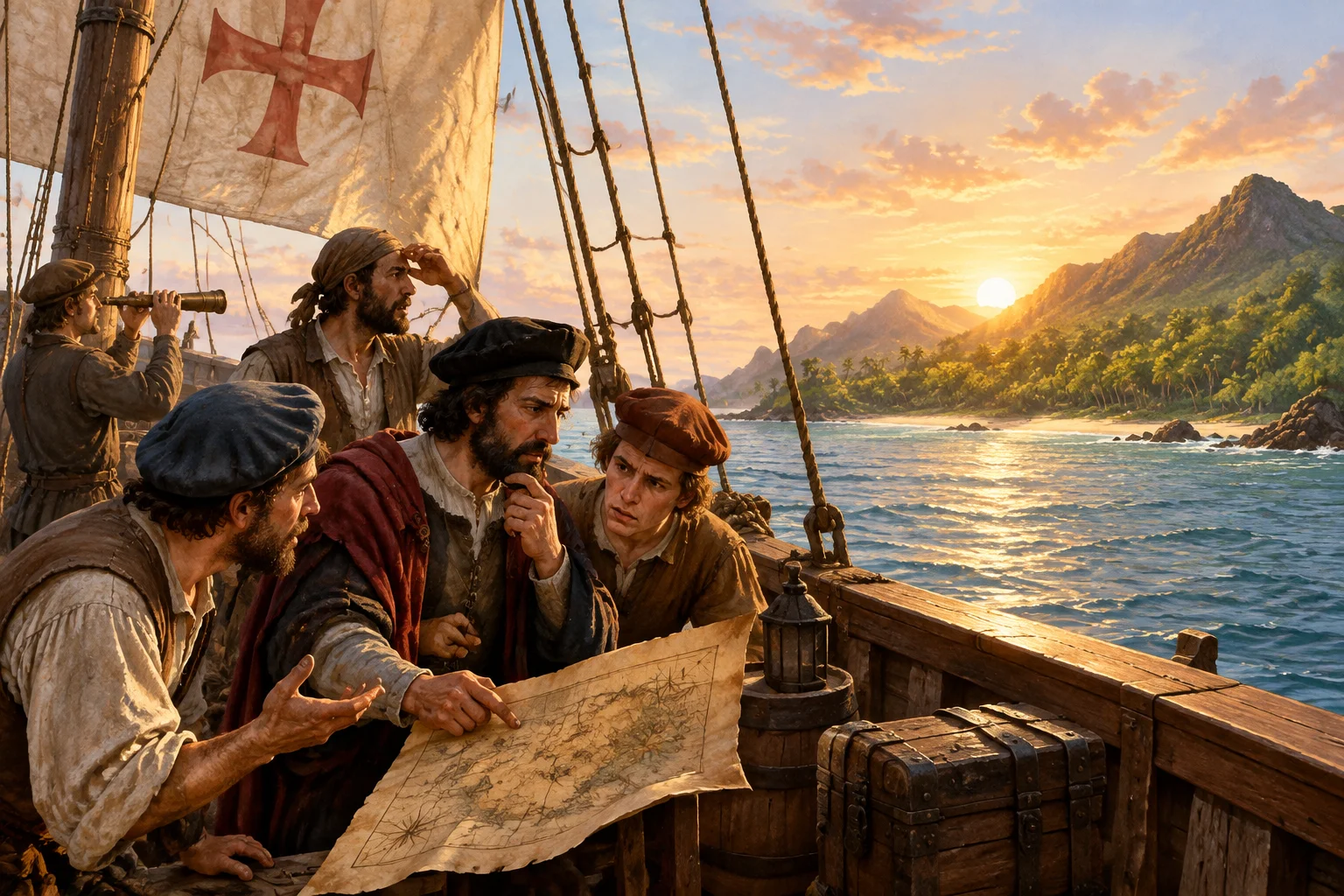 A 15th-century wooden sailing ship approaching a lush Caribbean island at sunrise, with the crew looking confused at their charts, safe-for-work historical illustration