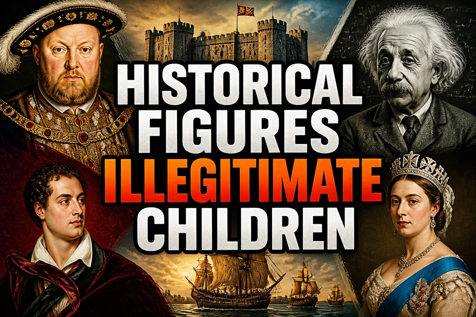 A bold, high-impact blog featured image in the style of a professional YouTube thumbnail or documentary poster. Create a dramatic photo-collage montage of 3-5 distinct historical scenes, subjects, or artifacts directly relevant to "20 Historical Figures Who Were Illegitimate Children" — vivid, cinematic documentary-photography style, rich color grading, high contrast, dynamic diagonal composition blending the scenes together. Overlay a large, bold, stacked headline of text on top reading exactly: "HISTORICAL FIGURES ILLEGITIMATE CHILDREN". Render the headline in a heavy, condensed, high-contrast font with a black outline/stroke for legibility, mixing white text with a single vibrant accent color (gold, red, or orange) on the most important word or phrase for emphasis, spelled correctly. The headline text must be the dominant visual element — large, bold, and easy to read even at small thumbnail size. Vibrant, punchy, professional commercial photography and graphic-design composition. 16:9 landscape. Keep the headline text within the vertical center safe zone, away from the very top and bottom edges of the frame, since the image may be cropped afterward. No watermarks, no logos, no extra captions or invented text beyond the headline itself.