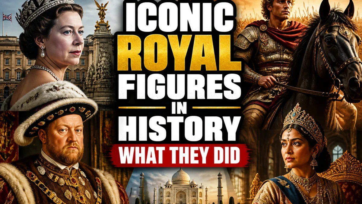 A bold, high-impact blog featured image in the style of a professional YouTube thumbnail or documentary poster. Create a dramatic photo-collage montage of 3-5 distinct historical scenes, subjects, or artifacts directly relevant to "20 Most Iconic Royal Figures in History and What They Actually Did" — vivid, cinematic documentary-photography style, rich color grading, high contrast, dynamic diagonal composition blending the scenes together. Overlay a large, bold, stacked headline of text on top reading exactly: "ICONIC ROYAL FIGURES IN HISTORY WHAT THEY DID". Render the headline in a heavy, condensed, high-contrast font with a black outline/stroke for legibility, mixing white text with a single vibrant accent color (gold, red, or orange) on the most important word or phrase for emphasis, spelled correctly. The headline text must be the dominant visual element — large, bold, and easy to read even at small thumbnail size. Vibrant, punchy, professional commercial photography and graphic-design composition. 16:9 landscape. Keep the headline text within the vertical center safe zone, away from the very top and bottom edges of the frame, since the image may be cropped afterward. No watermarks, no logos, no extra captions or invented text beyond the headline itself.