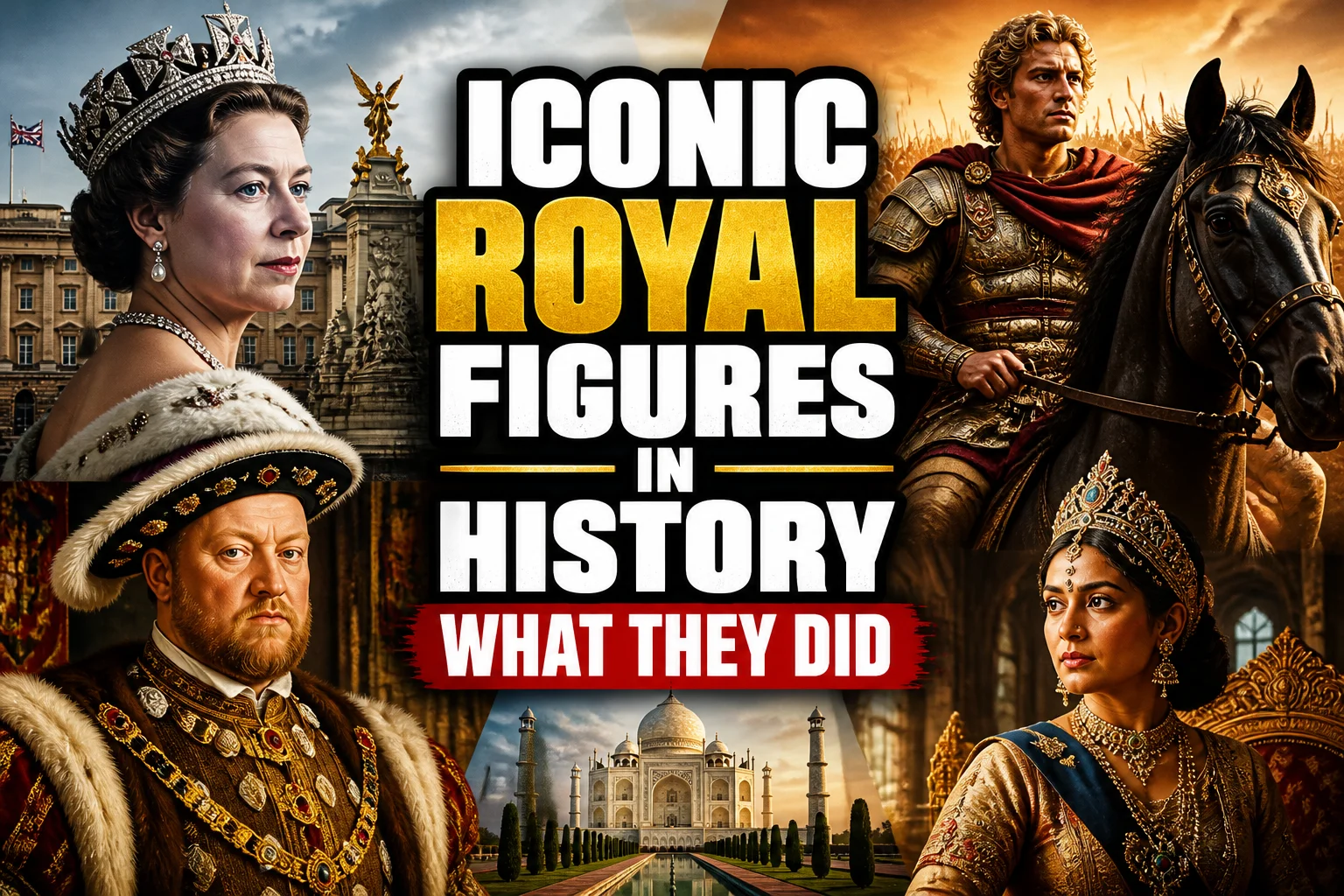 A bold, high-impact blog featured image in the style of a professional YouTube thumbnail or documentary poster. Create a dramatic photo-collage montage of 3-5 distinct historical scenes, subjects, or artifacts directly relevant to "20 Most Iconic Royal Figures in History and What They Actually Did" — vivid, cinematic documentary-photography style, rich color grading, high contrast, dynamic diagonal composition blending the scenes together. Overlay a large, bold, stacked headline of text on top reading exactly: "ICONIC ROYAL FIGURES IN HISTORY WHAT THEY DID". Render the headline in a heavy, condensed, high-contrast font with a black outline/stroke for legibility, mixing white text with a single vibrant accent color (gold, red, or orange) on the most important word or phrase for emphasis, spelled correctly. The headline text must be the dominant visual element — large, bold, and easy to read even at small thumbnail size. Vibrant, punchy, professional commercial photography and graphic-design composition. 16:9 landscape. Keep the headline text within the vertical center safe zone, away from the very top and bottom edges of the frame, since the image may be cropped afterward. No watermarks, no logos, no extra captions or invented text beyond the headline itself.