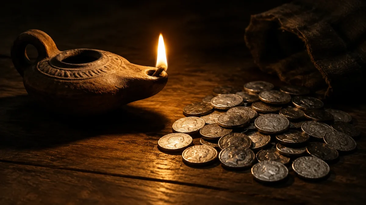 Ancient oil lamp and thirty silver coins on a wooden table, dramatic chiaroscuro lighting, symbolic scene of betrayal, no people, safe for work