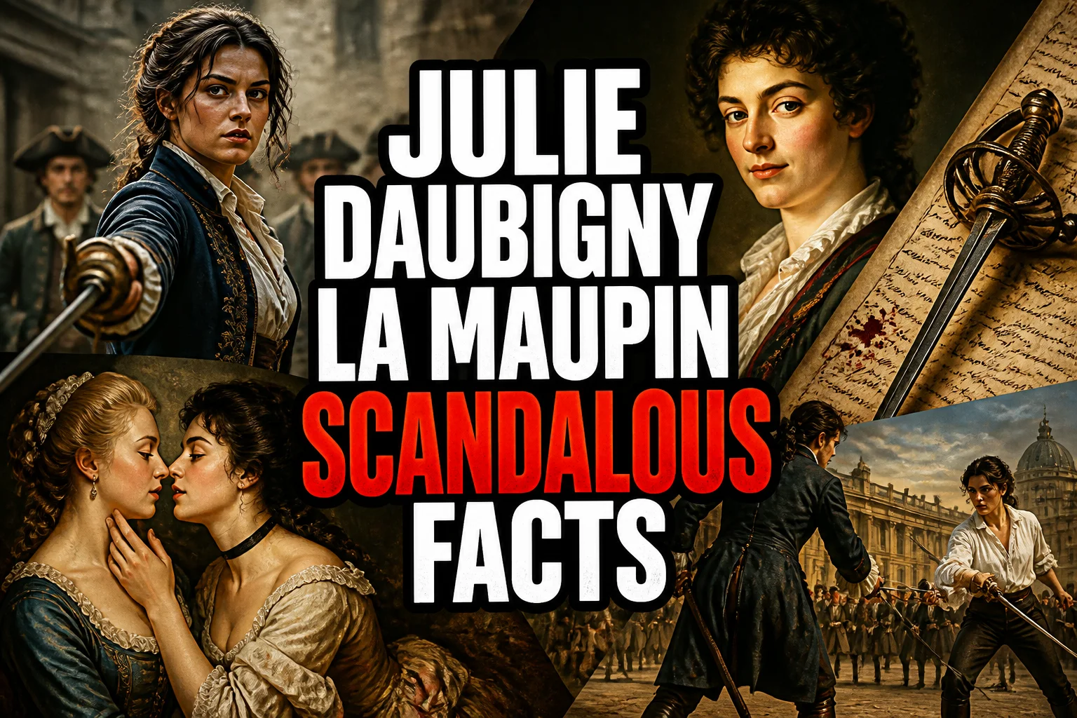 A bold, high-impact blog featured image in the style of a professional YouTube thumbnail or documentary poster. Create a dramatic photo-collage montage of 3-5 distinct historical scenes, subjects, or artifacts directly relevant to "20 Scandalous Facts About Julie d'Aubigny, the Real Mademoiselle La Maupin" — vivid, cinematic documentary-photography style, rich color grading, high contrast, dynamic diagonal composition blending the scenes together. Overlay a large, bold, stacked headline of text on top reading exactly: "JULIE DAUBIGNY LA MAUPIN SCANDALOUS FACTS". Render the headline in a heavy, condensed, high-contrast font with a black outline/stroke for legibility, mixing white text with a single vibrant accent color (gold, red, or orange) on the most important word or phrase for emphasis, spelled correctly. The headline text must be the dominant visual element — large, bold, and easy to read even at small thumbnail size. Vibrant, punchy, professional commercial photography and graphic-design composition. 16:9 landscape. Keep the headline text within the vertical center safe zone, away from the very top and bottom edges of the frame, since the image may be cropped afterward. No watermarks, no logos, no extra captions or invented text beyond the headline itself.