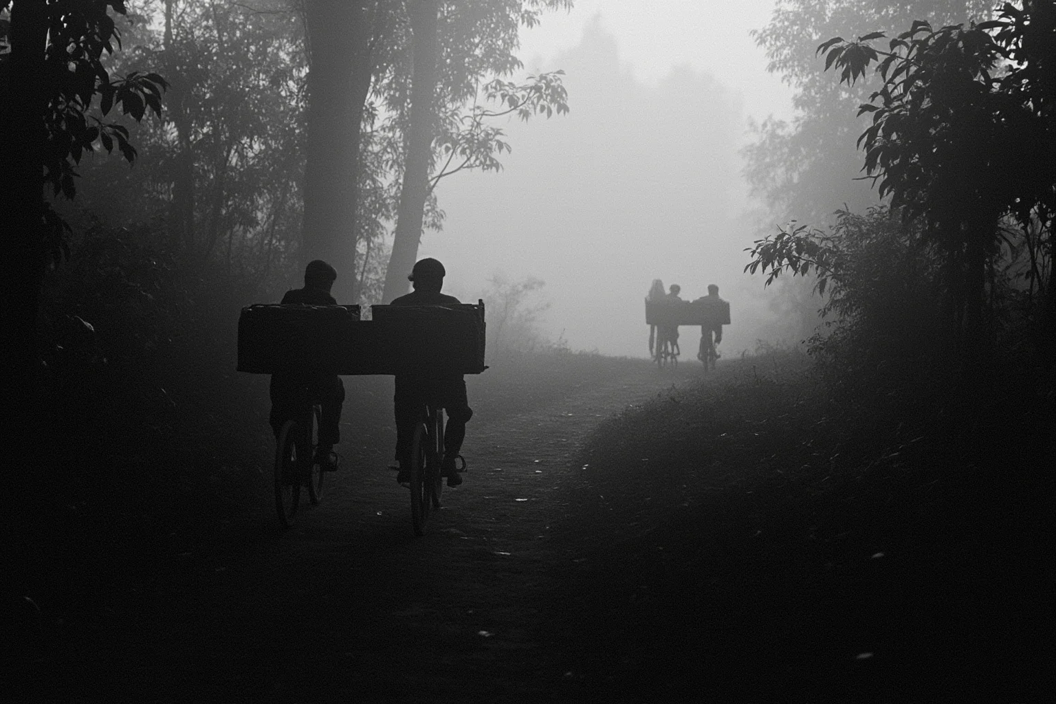 20th-century Asian jungle trail with supply bicycles and guerrilla fighters in distant silhouette, misty morning