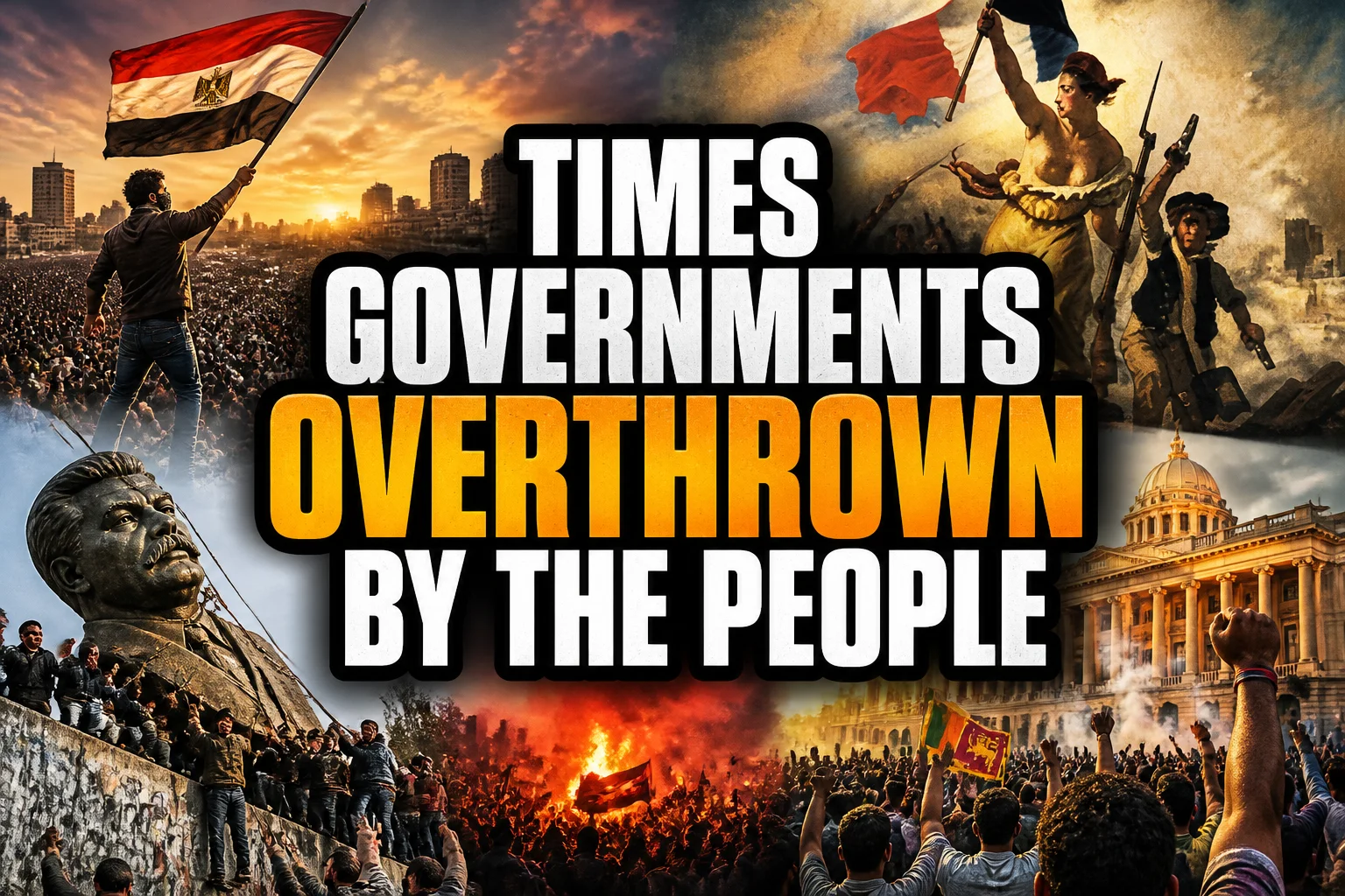 21 Times Governments Were Overthrown by the People 2 A bold, high-impact blog featured image in the style of a professional YouTube thumbnail or documentary poster. Create a dramatic photo-collage montage of 3-5 distinct historical scenes, subjects, or artifacts directly relevant to "21 Times Governments Were Overthrown by the People" — vivid, cinematic documentary-photography style, rich color grading, high contrast, dynamic diagonal composition blending the scenes together. Overlay a large, bold, stacked headline of text on top reading exactly: "TIMES GOVERNMENTS OVERTHROWN BY THE PEOPLE". Render the headline in a heavy, condensed, high-contrast font with a black outline/stroke for legibility, mixing white text with a single vibrant accent color (gold, red, or orange) on the most important word or phrase for emphasis, spelled correctly. The headline text must be the dominant visual element — large, bold, and easy to read even at small thumbnail size. Vibrant, punchy, professional commercial photography and graphic-design composition. 16:9 landscape. Keep the headline text within the vertical center safe zone, away from the very top and bottom edges of the frame, since the image may be cropped afterward. No watermarks, no logos, no extra captions or invented text beyond the headline itself.
