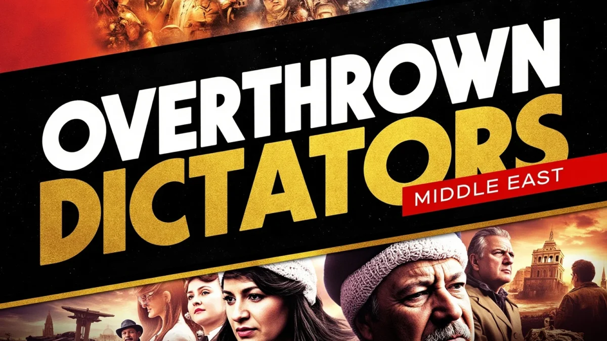 A bold, high-impact blog featured image in the style of a professional YouTube thumbnail or documentary poster. Create a dramatic photo-collage montage of 3-5 distinct historical scenes, subjects, or artifacts directly relevant to "22 Evil Dictators Who Were Eventually Overthrown" — vivid, cinematic documentary-photography style, rich color grading, high contrast, dynamic diagonal composition blending the scenes together. Overlay a large, bold, stacked headline of text on top reading exactly: "OVERTHROWN DICTATORS MIDDLE EAST". Render the headline in a heavy, condensed, high-contrast font with a black outline/stroke for legibility, mixing white text with a single vibrant accent color (gold, red, or orange) on the most important word or phrase for emphasis, spelled correctly. The headline text must be the dominant visual element — large, bold, and easy to read even at small thumbnail size. Vibrant, punchy, professional commercial photography and graphic-design composition. 16:9 landscape. Keep the headline text within the vertical center safe zone, away from the very top and bottom edges of the frame, since the image may be cropped afterward. No watermarks, no logos, no extra captions or invented text beyond the headline itself.