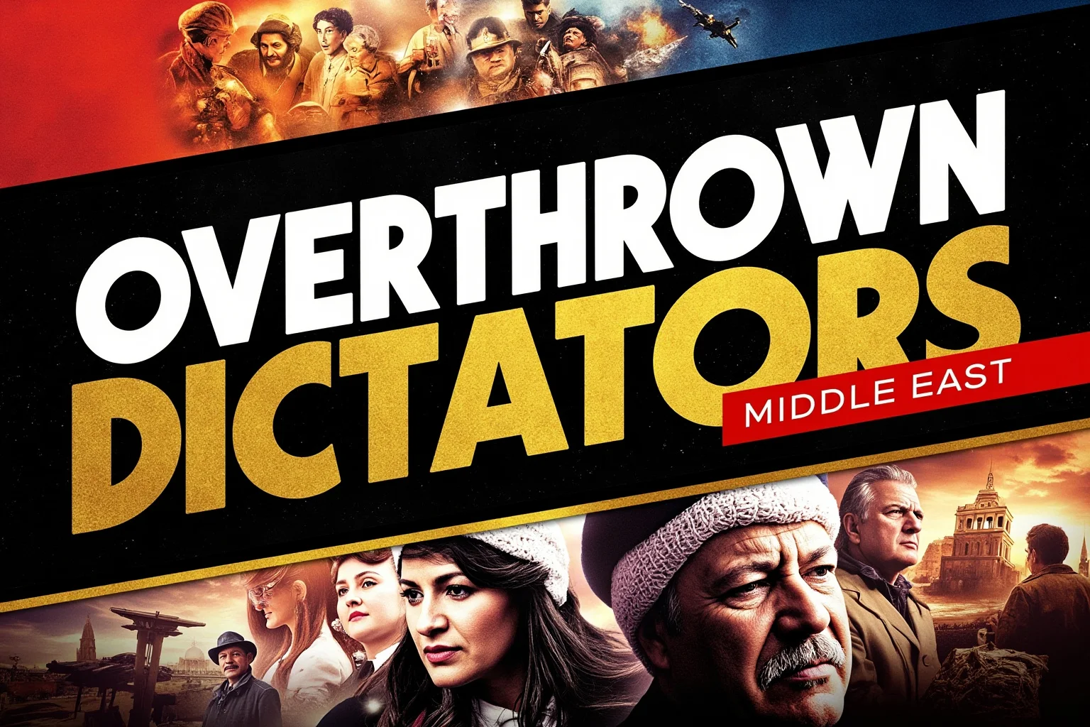 22 Evil Dictators Who Were Eventually Overthrown 2 A bold, high-impact blog featured image in the style of a professional YouTube thumbnail or documentary poster. Create a dramatic photo-collage montage of 3-5 distinct historical scenes, subjects, or artifacts directly relevant to "22 Evil Dictators Who Were Eventually Overthrown" — vivid, cinematic documentary-photography style, rich color grading, high contrast, dynamic diagonal composition blending the scenes together. Overlay a large, bold, stacked headline of text on top reading exactly: "OVERTHROWN DICTATORS MIDDLE EAST". Render the headline in a heavy, condensed, high-contrast font with a black outline/stroke for legibility, mixing white text with a single vibrant accent color (gold, red, or orange) on the most important word or phrase for emphasis, spelled correctly. The headline text must be the dominant visual element — large, bold, and easy to read even at small thumbnail size. Vibrant, punchy, professional commercial photography and graphic-design composition. 16:9 landscape. Keep the headline text within the vertical center safe zone, away from the very top and bottom edges of the frame, since the image may be cropped afterward. No watermarks, no logos, no extra captions or invented text beyond the headline itself.