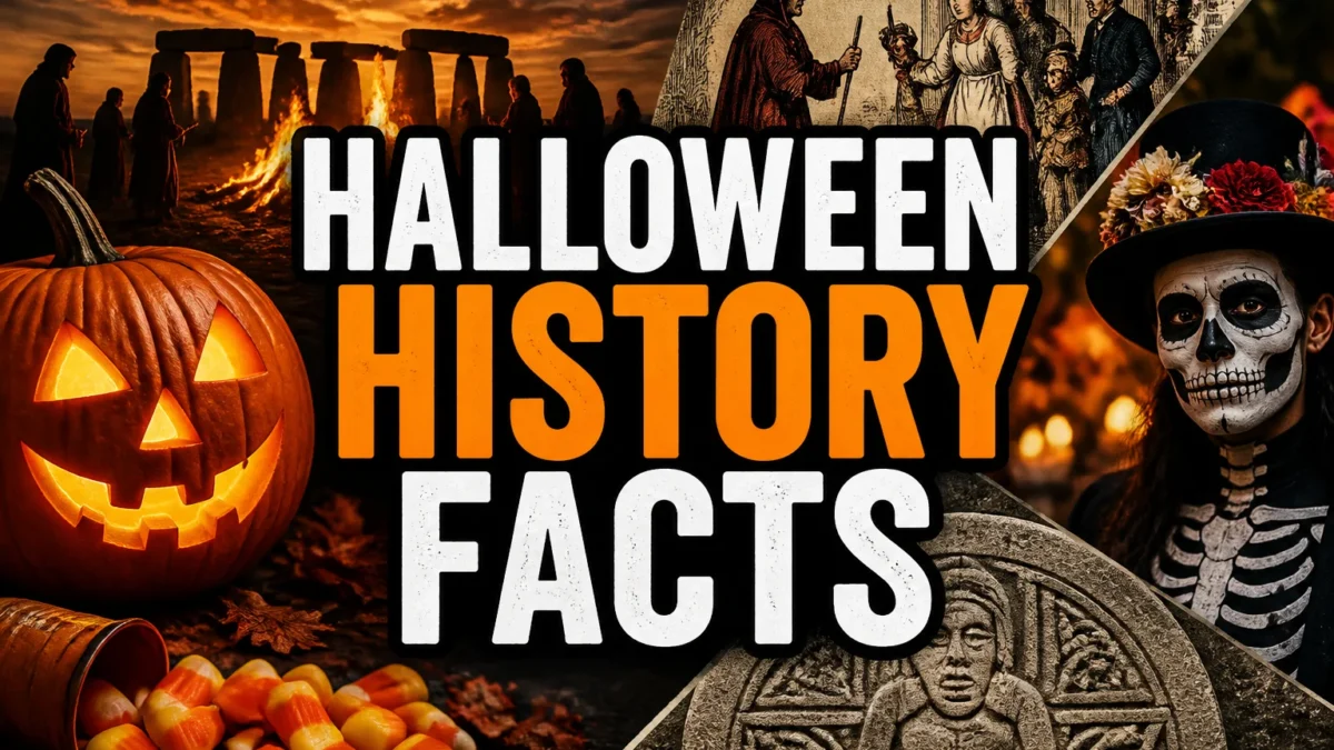 A bold, high-impact blog featured image in the style of a professional YouTube thumbnail or documentary poster. Create a dramatic photo-collage montage of 3-5 distinct historical scenes, subjects, or artifacts directly relevant to "22 Facts About Halloween: The Real History Behind the Holiday" — vivid, cinematic documentary-photography style, rich color grading, high contrast, dynamic diagonal composition blending the scenes together. Overlay a large, bold, stacked headline of text on top reading exactly: "HALLOWEEN HISTORY FACTS". Render the headline in a heavy, condensed, high-contrast font with a black outline/stroke for legibility, mixing white text with a single vibrant accent color (gold, red, or orange) on the most important word or phrase for emphasis, spelled correctly. The headline text must be the dominant visual element — large, bold, and easy to read even at small thumbnail size. Vibrant, punchy, professional commercial photography and graphic-design composition. 16:9 landscape. Keep the headline text within the vertical center safe zone, away from the very top and bottom edges of the frame, since the image may be cropped afterward. No watermarks, no logos, no extra captions or invented text beyond the headline itself.