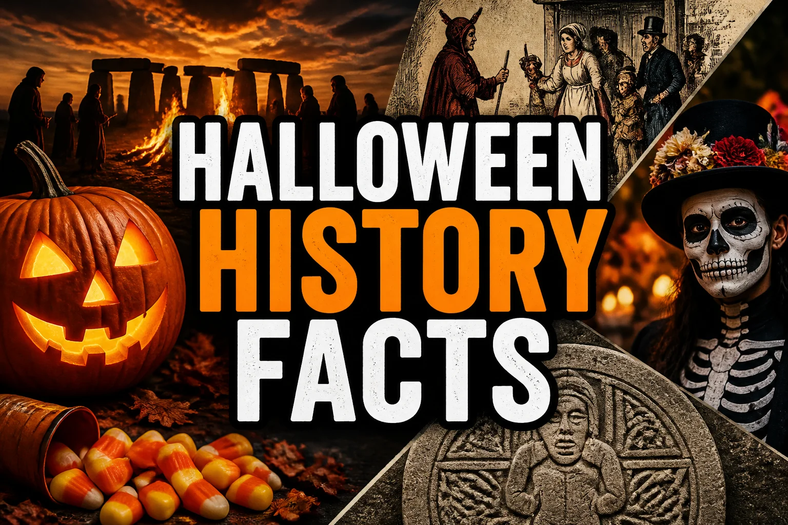 A bold, high-impact blog featured image in the style of a professional YouTube thumbnail or documentary poster. Create a dramatic photo-collage montage of 3-5 distinct historical scenes, subjects, or artifacts directly relevant to "22 Facts About Halloween: The Real History Behind the Holiday" — vivid, cinematic documentary-photography style, rich color grading, high contrast, dynamic diagonal composition blending the scenes together. Overlay a large, bold, stacked headline of text on top reading exactly: "HALLOWEEN HISTORY FACTS". Render the headline in a heavy, condensed, high-contrast font with a black outline/stroke for legibility, mixing white text with a single vibrant accent color (gold, red, or orange) on the most important word or phrase for emphasis, spelled correctly. The headline text must be the dominant visual element — large, bold, and easy to read even at small thumbnail size. Vibrant, punchy, professional commercial photography and graphic-design composition. 16:9 landscape. Keep the headline text within the vertical center safe zone, away from the very top and bottom edges of the frame, since the image may be cropped afterward. No watermarks, no logos, no extra captions or invented text beyond the headline itself.
