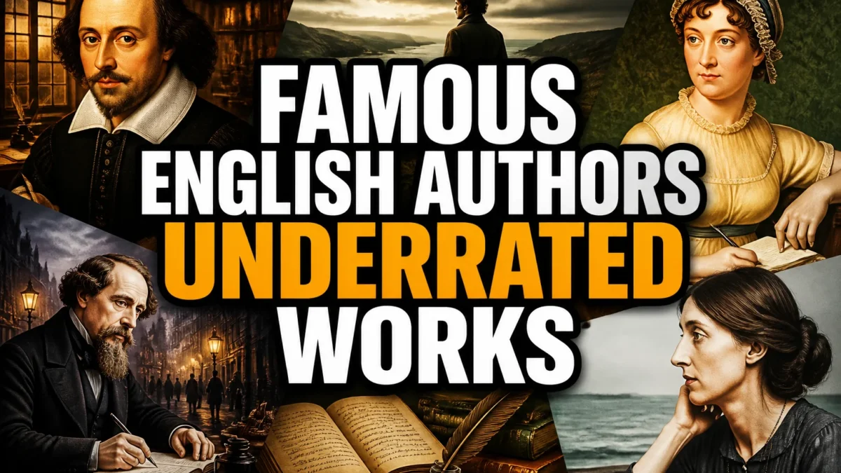 A bold, high-impact blog featured image in the style of a professional YouTube thumbnail or documentary poster. Create a dramatic photo-collage montage of 3-5 distinct historical scenes, subjects, or artifacts directly relevant to "22 Famous English Authors and Their Most Underrated Works" — vivid, cinematic documentary-photography style, rich color grading, high contrast, dynamic diagonal composition blending the scenes together. Overlay a large, bold, stacked headline of text on top reading exactly: "FAMOUS ENGLISH AUTHORS UNDERRATED WORKS". Render the headline in a heavy, condensed, high-contrast font with a black outline/stroke for legibility, mixing white text with a single vibrant accent color (gold, red, or orange) on the most important word or phrase for emphasis, spelled correctly. The headline text must be the dominant visual element — large, bold, and easy to read even at small thumbnail size. Vibrant, punchy, professional commercial photography and graphic-design composition. 16:9 landscape. Keep the headline text within the vertical center safe zone, away from the very top and bottom edges of the frame, since the image may be cropped afterward. No watermarks, no logos, no extra captions or invented text beyond the headline itself.