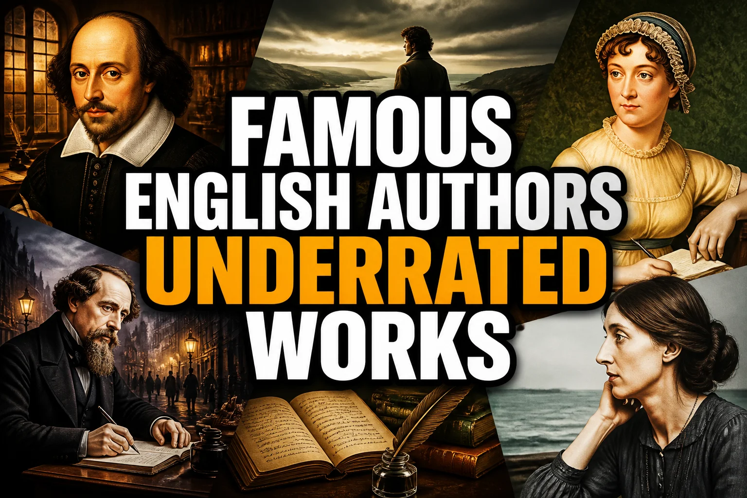A bold, high-impact blog featured image in the style of a professional YouTube thumbnail or documentary poster. Create a dramatic photo-collage montage of 3-5 distinct historical scenes, subjects, or artifacts directly relevant to "22 Famous English Authors and Their Most Underrated Works" — vivid, cinematic documentary-photography style, rich color grading, high contrast, dynamic diagonal composition blending the scenes together. Overlay a large, bold, stacked headline of text on top reading exactly: "FAMOUS ENGLISH AUTHORS UNDERRATED WORKS". Render the headline in a heavy, condensed, high-contrast font with a black outline/stroke for legibility, mixing white text with a single vibrant accent color (gold, red, or orange) on the most important word or phrase for emphasis, spelled correctly. The headline text must be the dominant visual element — large, bold, and easy to read even at small thumbnail size. Vibrant, punchy, professional commercial photography and graphic-design composition. 16:9 landscape. Keep the headline text within the vertical center safe zone, away from the very top and bottom edges of the frame, since the image may be cropped afterward. No watermarks, no logos, no extra captions or invented text beyond the headline itself.